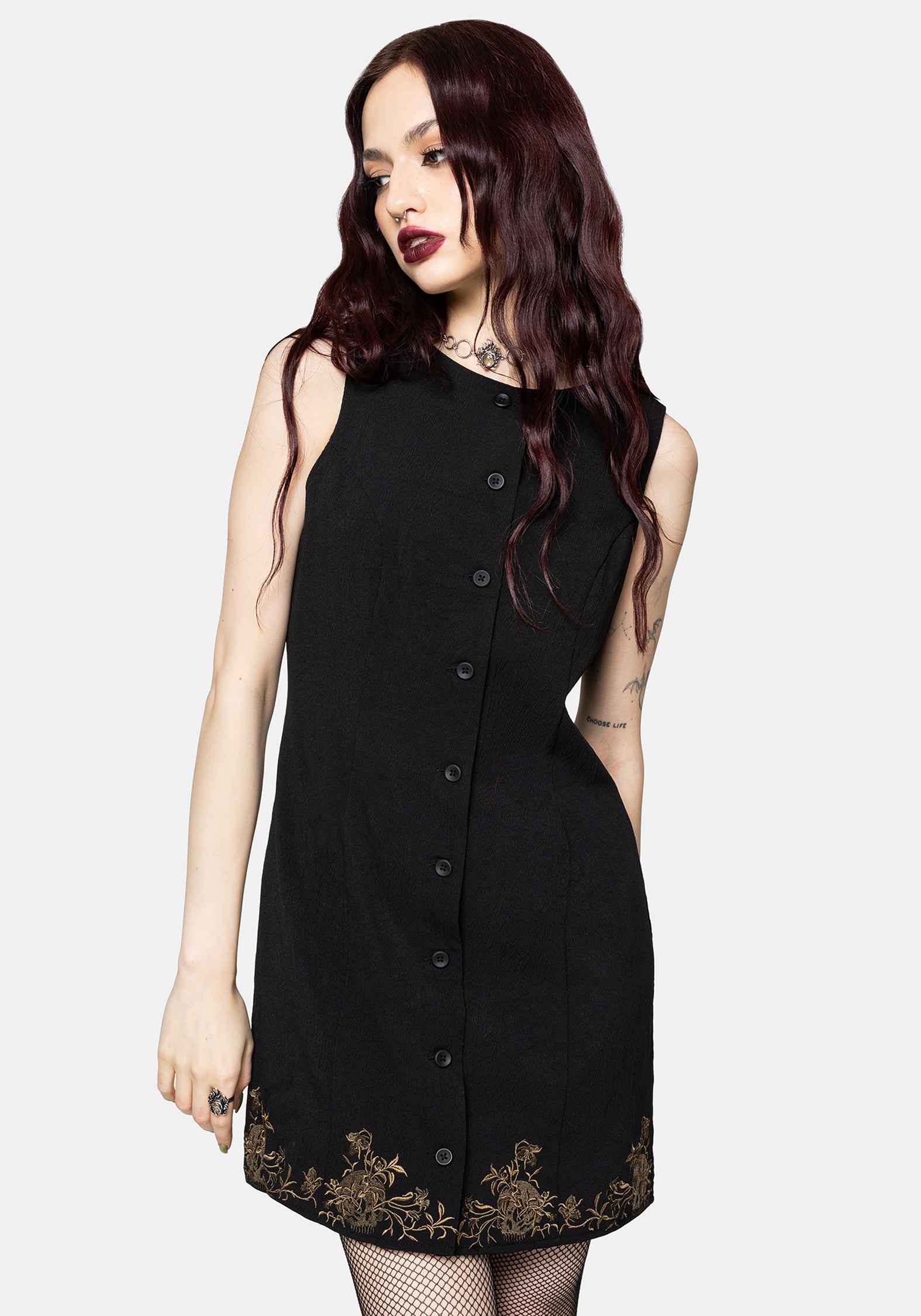 Ismay Vine Bestickt Saum Knopf Hoch Mini Kleid