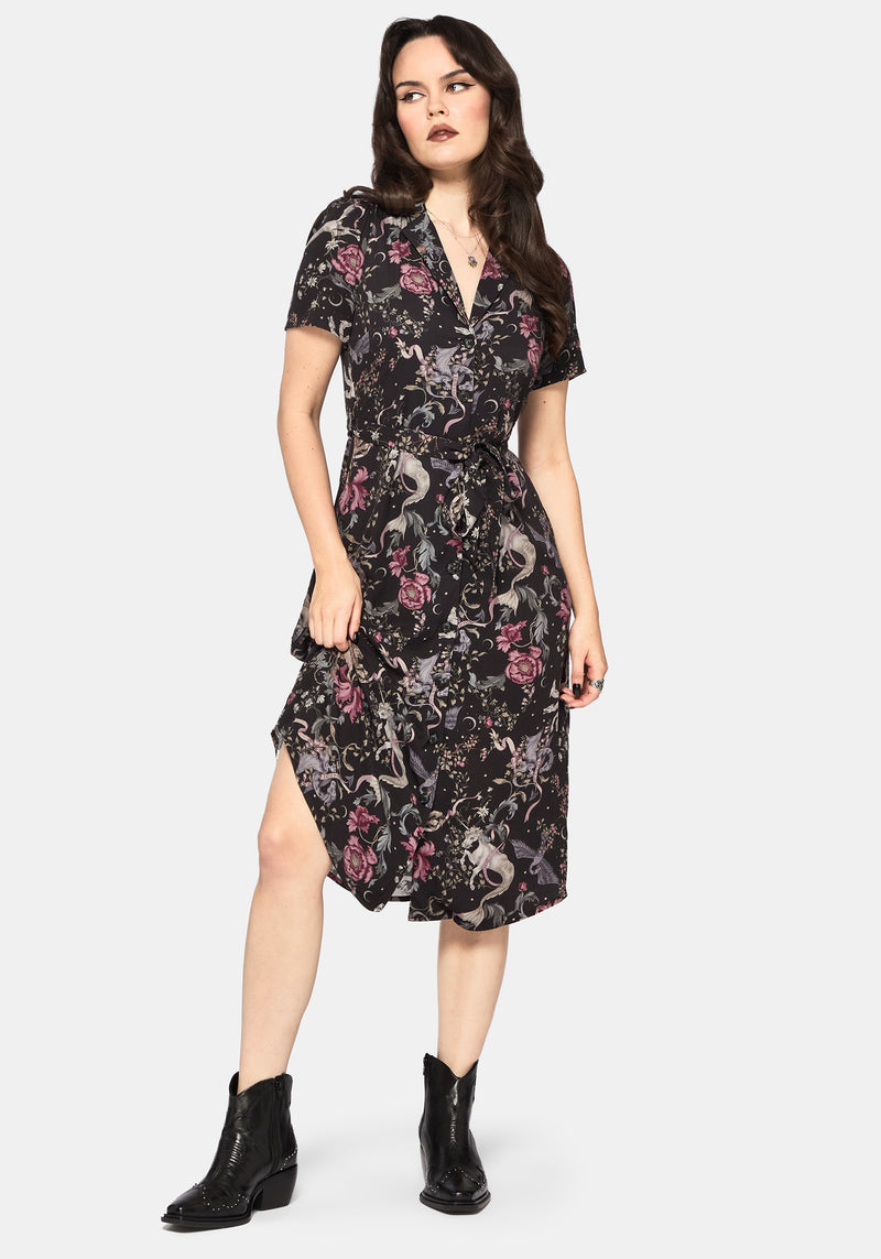 Merunicorn Enchanted Forest Print Midi Shirt Dress