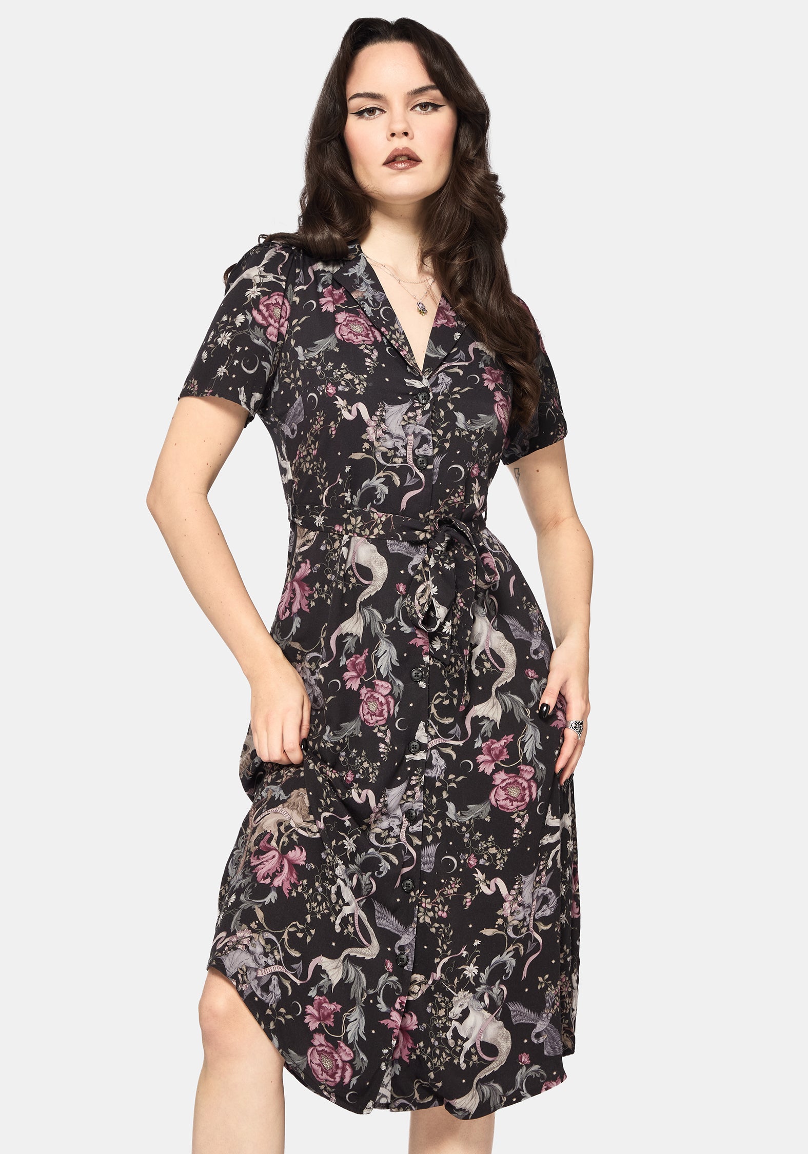 Merunicorn Enchanted Wald Druck Midi Hemd Kleid