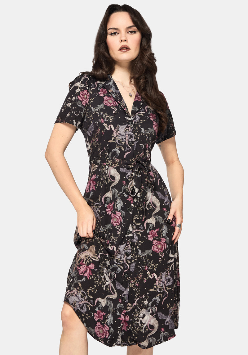 Merunicorn Enchanted Forest Print Midi Shirt Dress