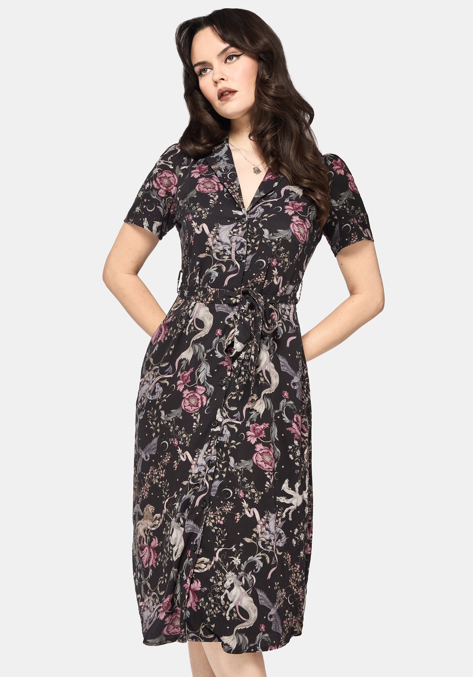 Merunicorn Enchanted Wald Druck Midi Hemd Kleid