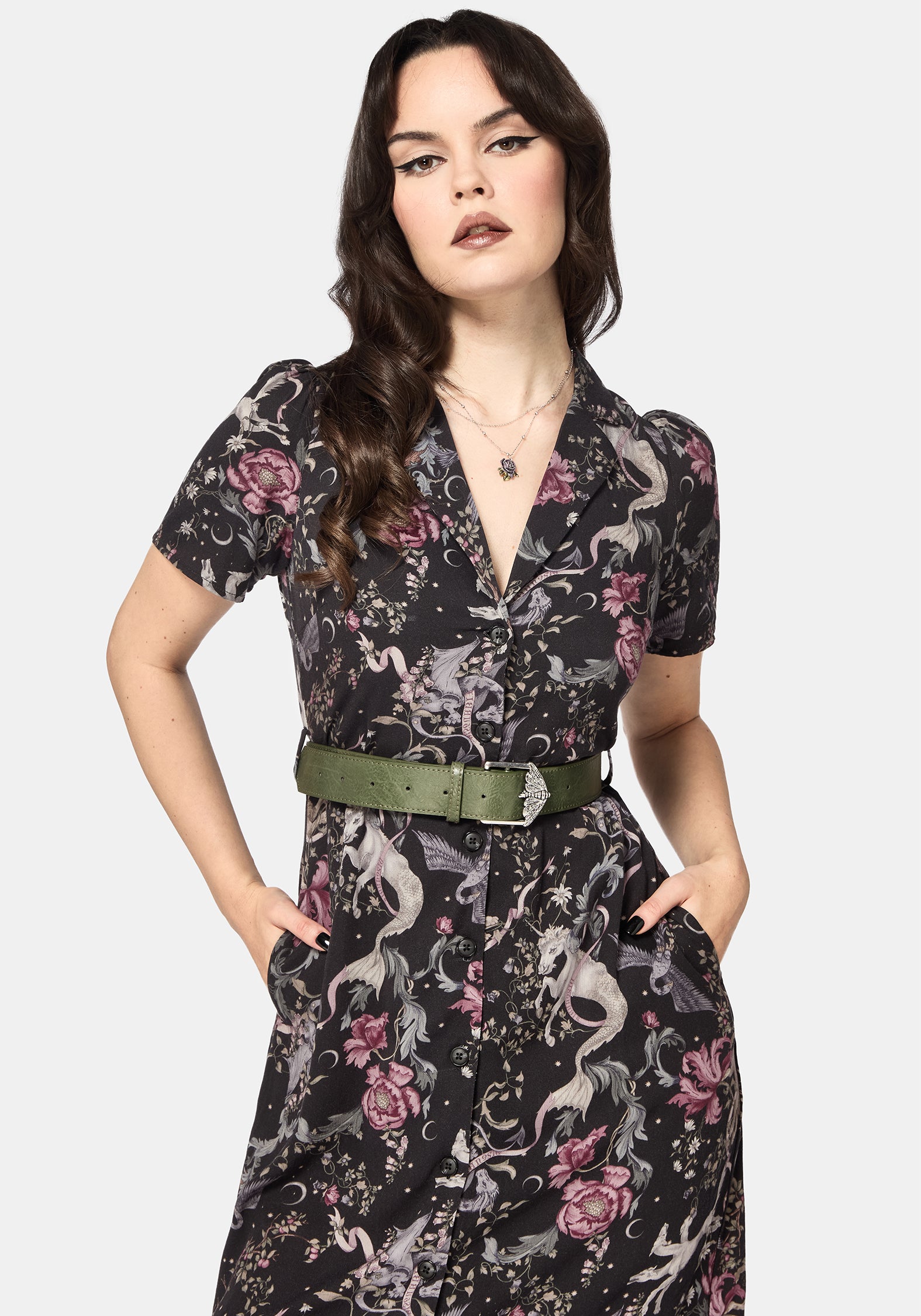 Merunicorn Enchanted Wald Druck Midi Hemd Kleid