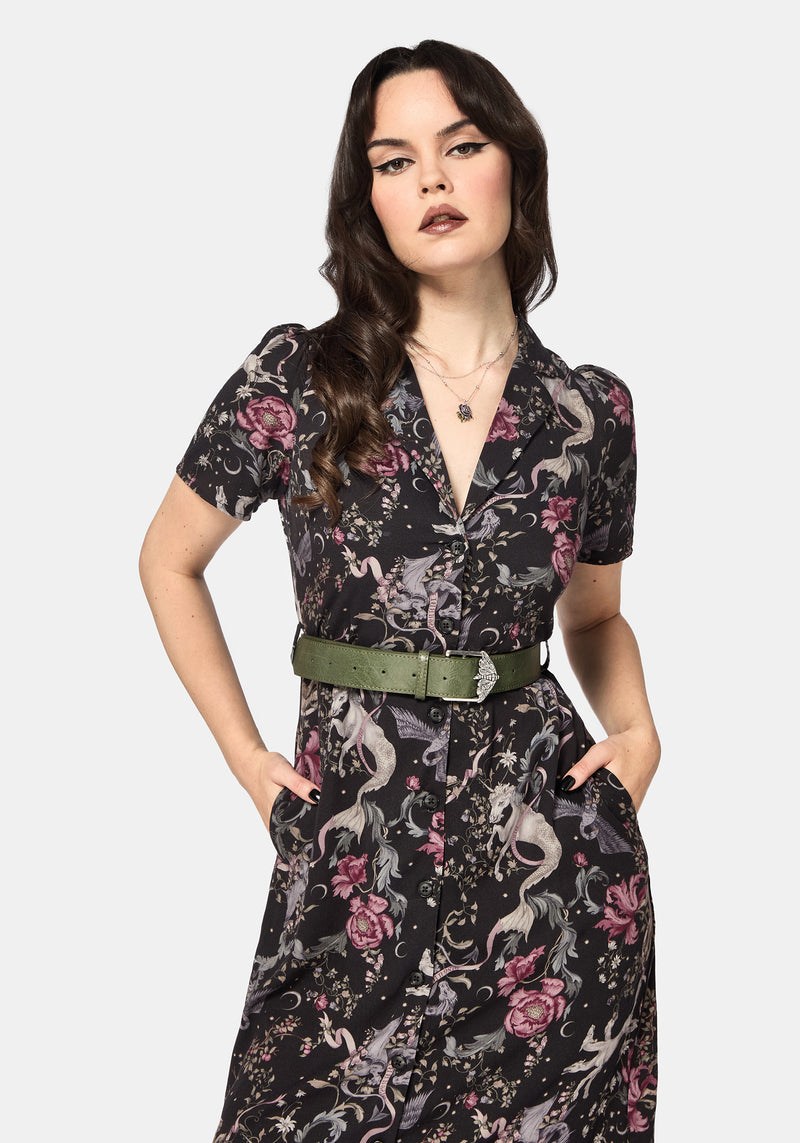 Merunicorn Enchanted Forest Print Midi Shirt Dress