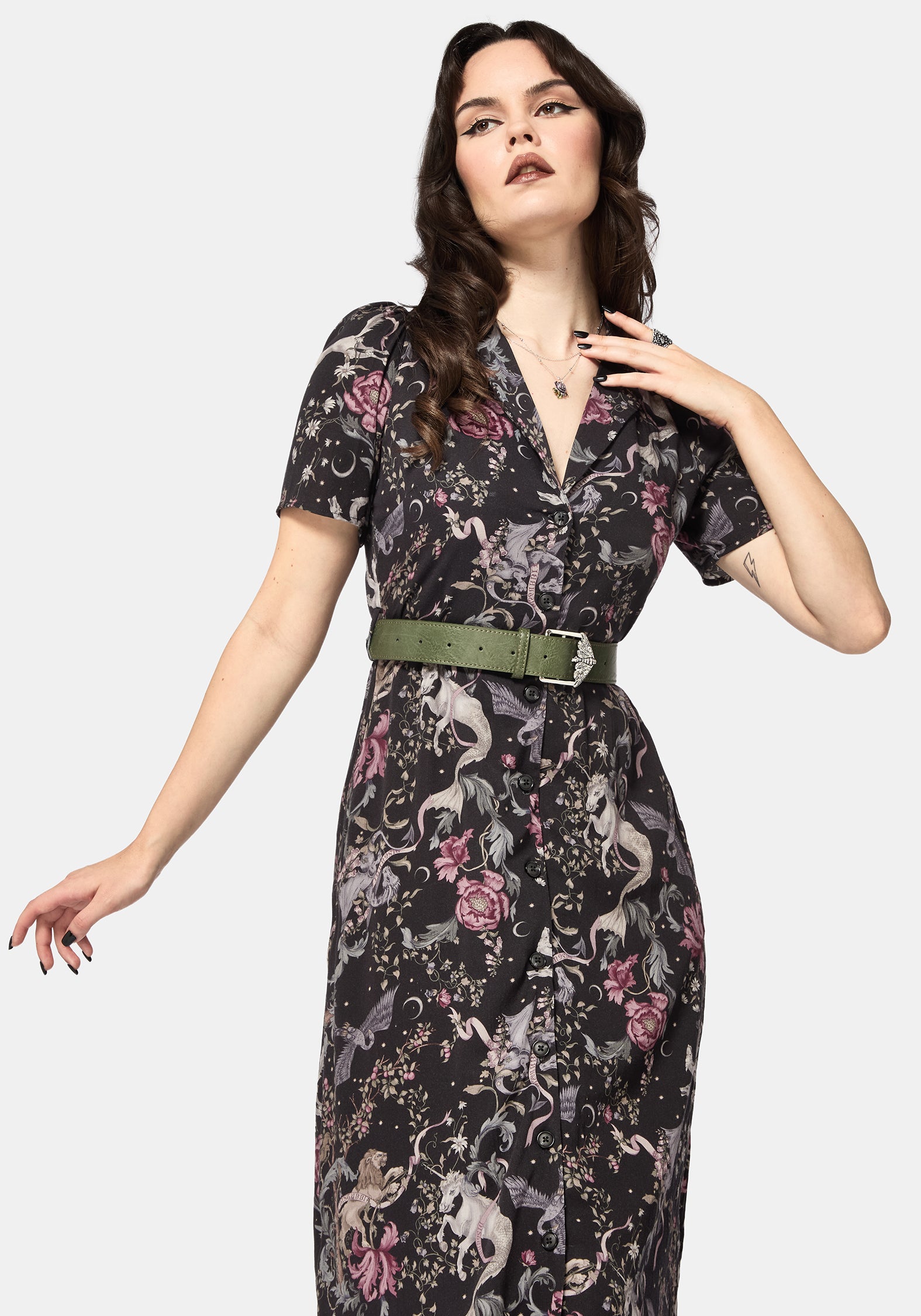 Merunicorn Enchanted Wald Druck Midi Hemd Kleid