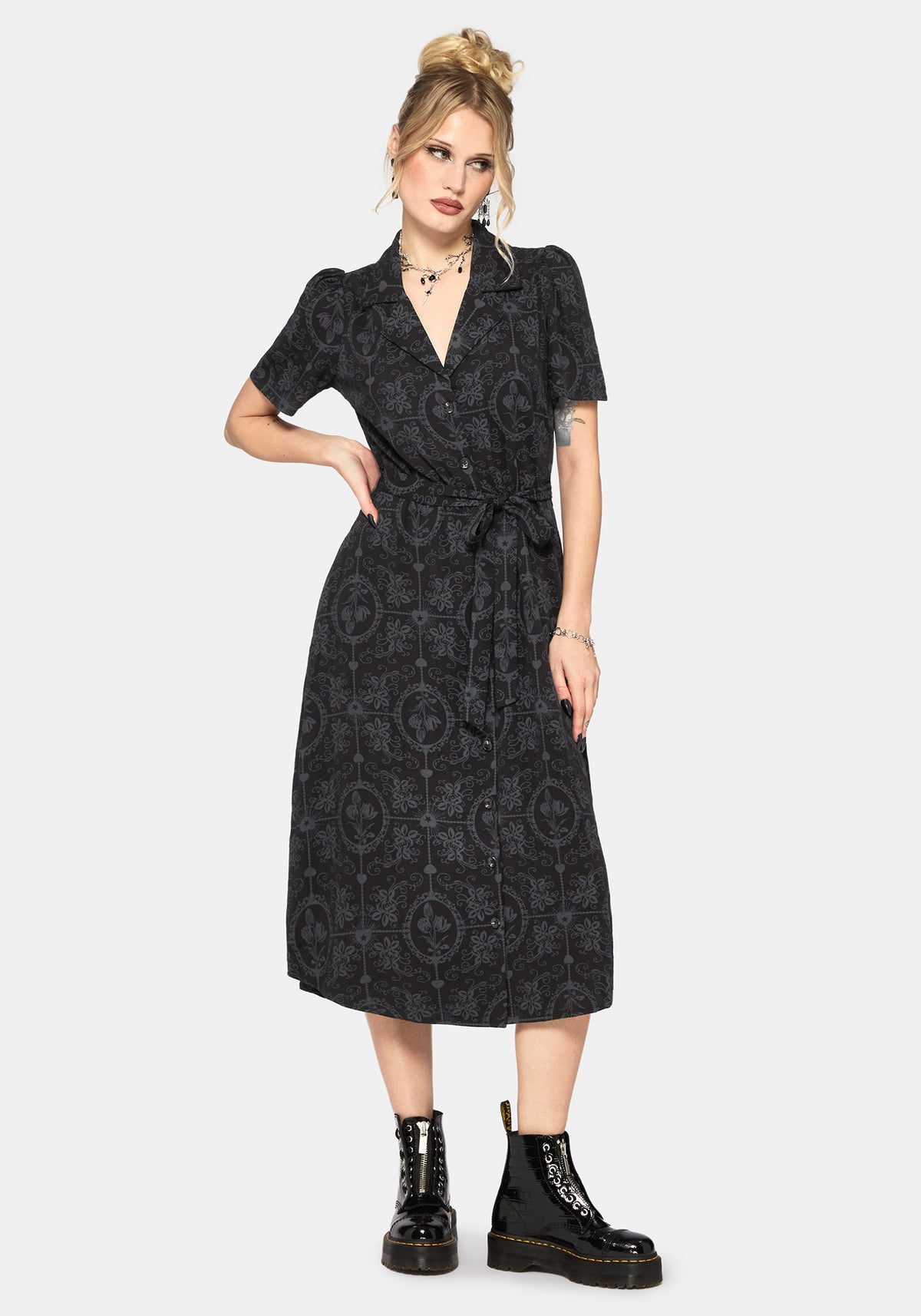 Cameo Blumenmuster Bedruckt Krawatte Gürtel Midi Hemd Kleid