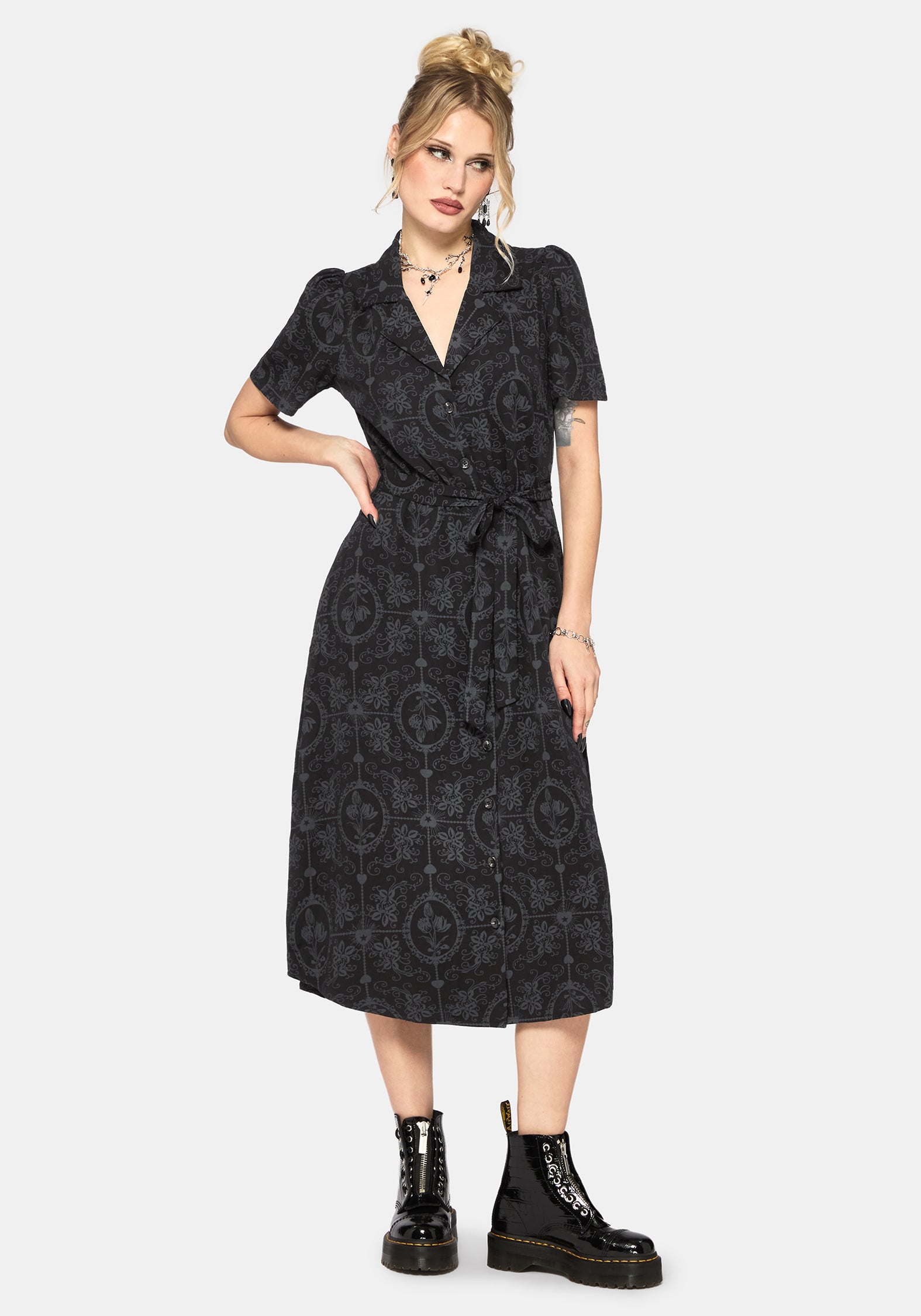 Cameo Blumenmuster Bedruckt Krawatte Gürtel Midi Hemd Kleid