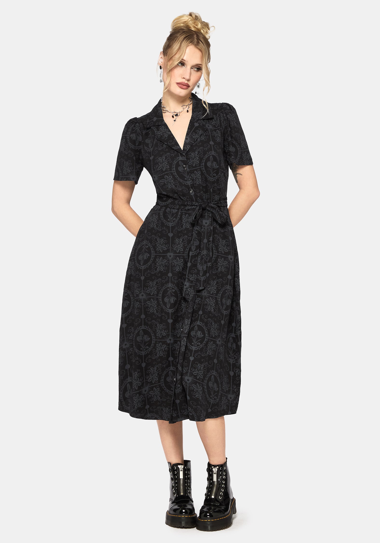 Cameo Blumenmuster Bedruckt Krawatte Gürtel Midi Hemd Kleid
