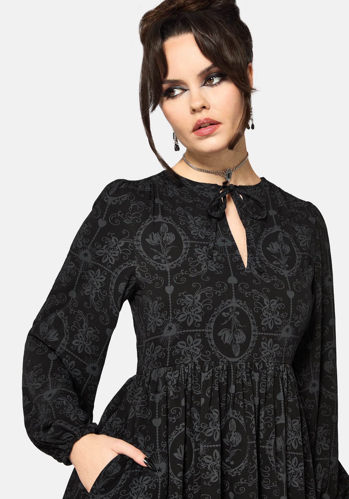Cameo Blumenmuster Bedruckt Krawatte Vorderseite Lang Ärmel Mini Kleid