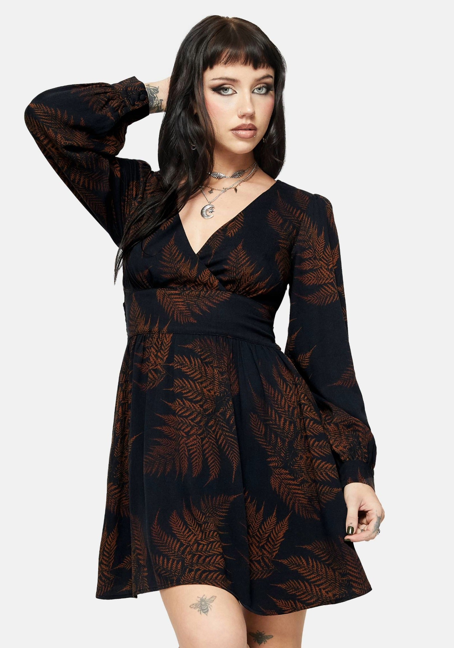Ruin Farn Bedruckt V-Ausschnitt Mini Kleid - Braun
