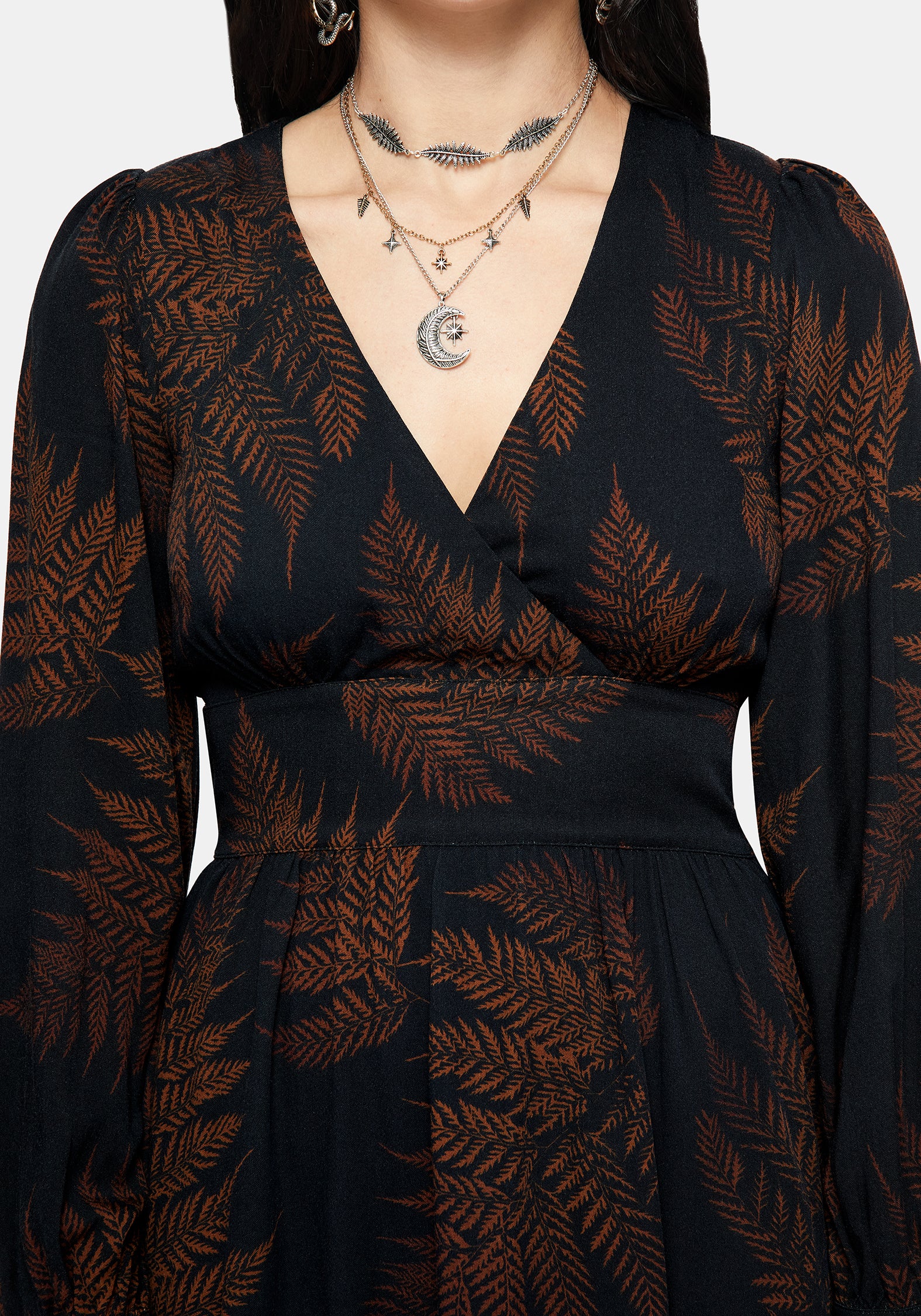 Ruin Farn Bedruckt V-Ausschnitt Mini Kleid - Braun