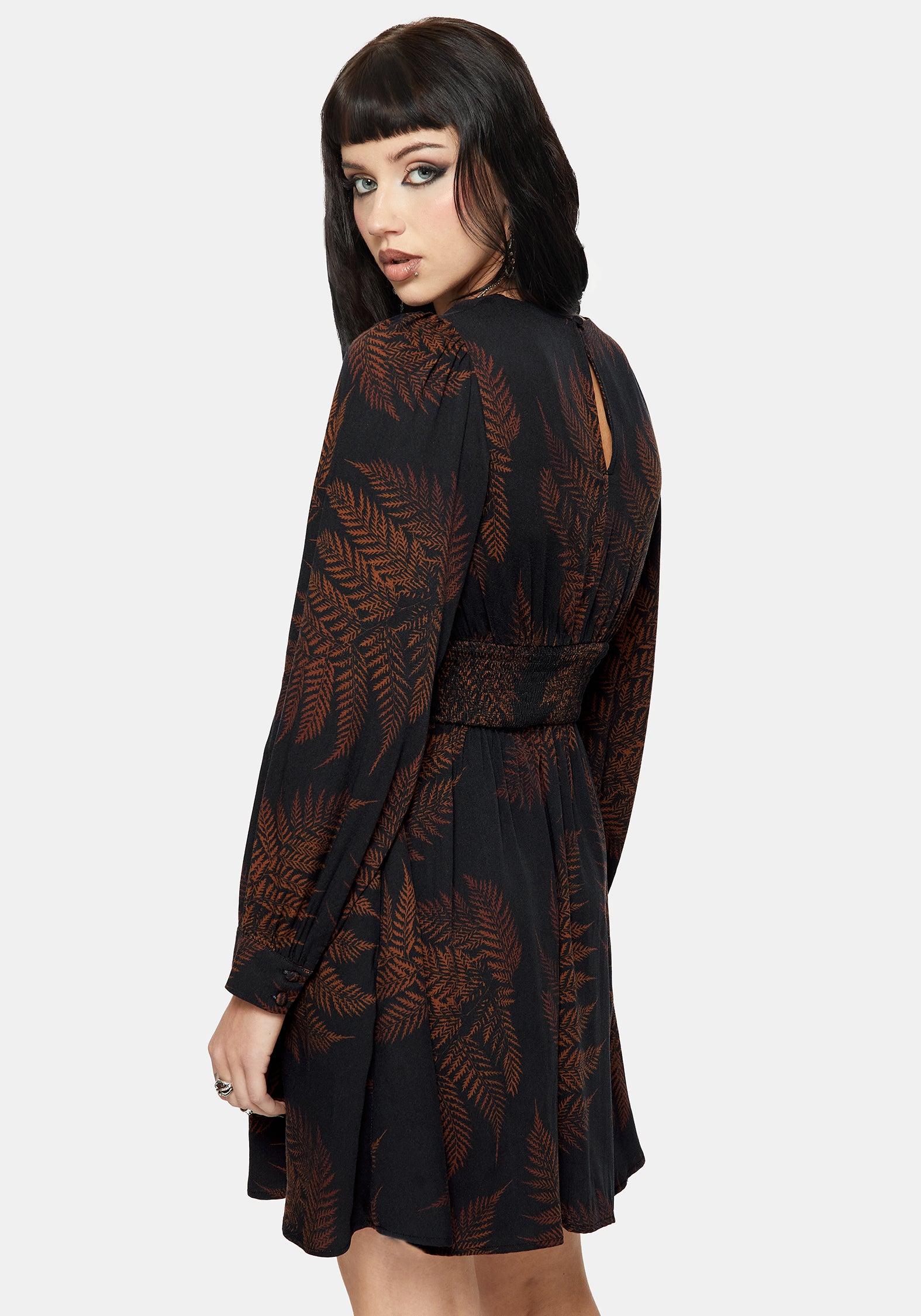 Ruin Farn Bedruckt V-Ausschnitt Mini Kleid - Braun