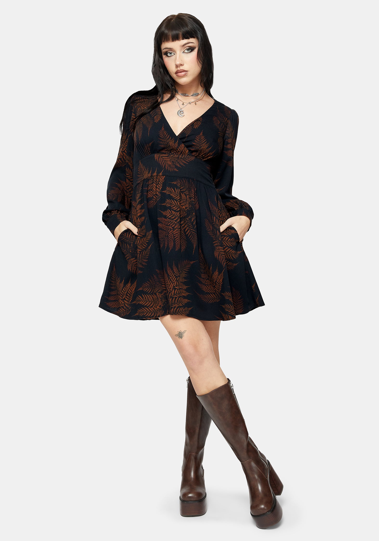 Ruin Farn Bedruckt V-Ausschnitt Mini Kleid - Braun