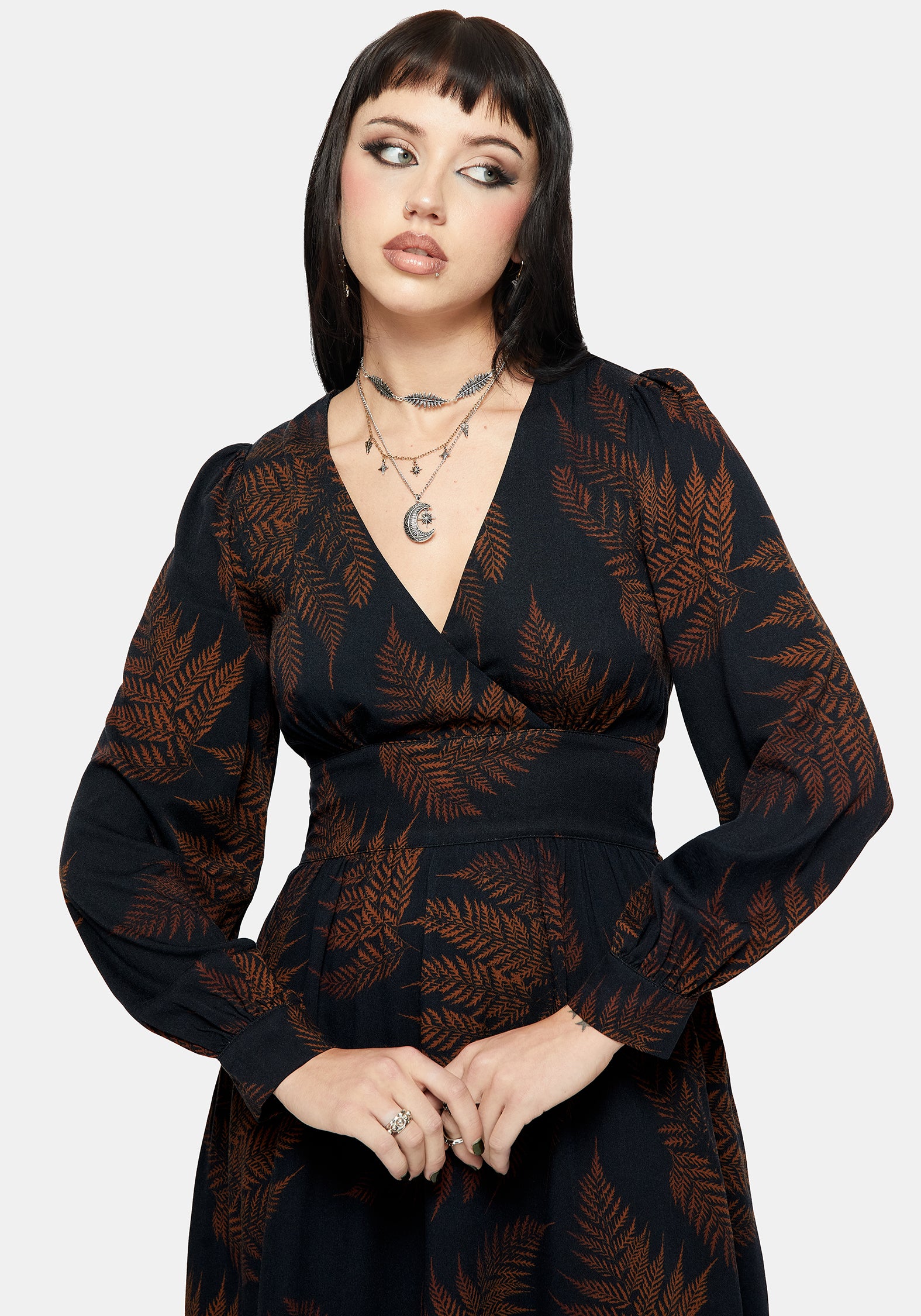 Ruin Farn Bedruckt V-Ausschnitt Mini Kleid - Braun