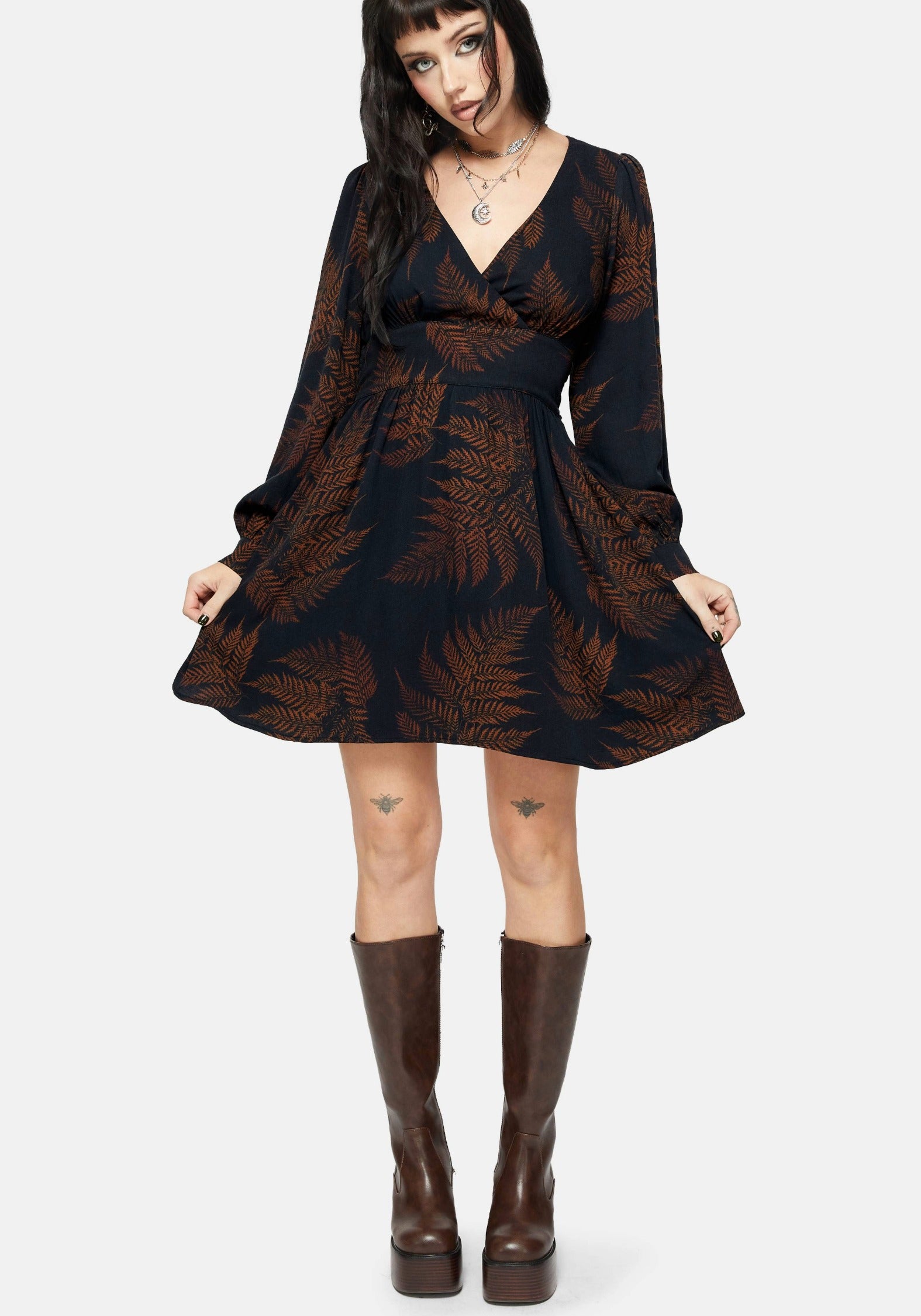 Ruin Farn Bedruckt V-Ausschnitt Mini Kleid - Braun