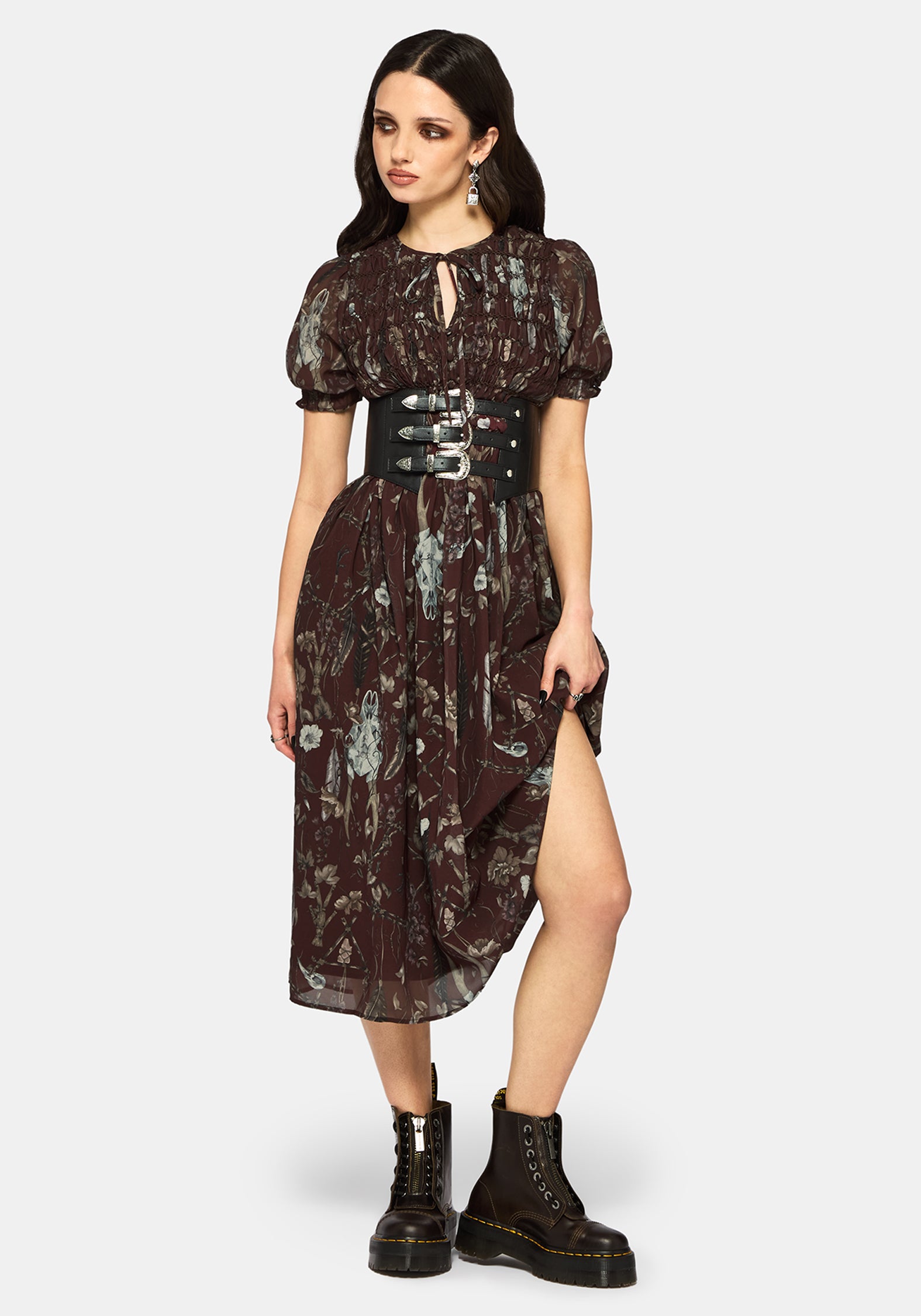Dusha Garten Druck Chiffon Gerafft Knopf Runter Midi Kleid