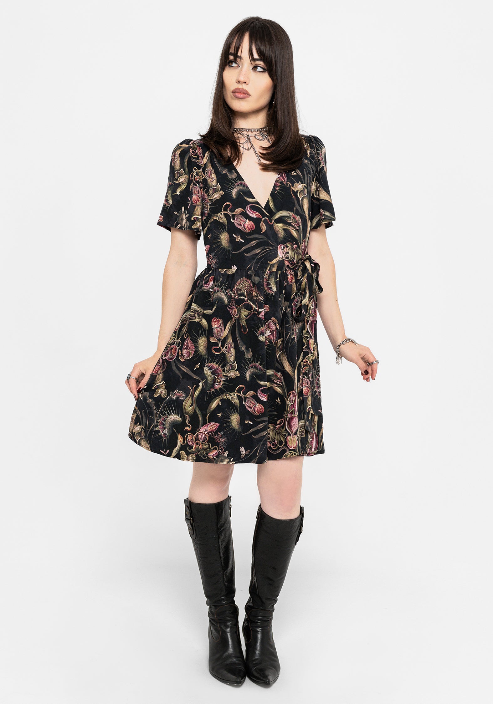 Dionaea Flytrap Print Wrap Mini Dress
