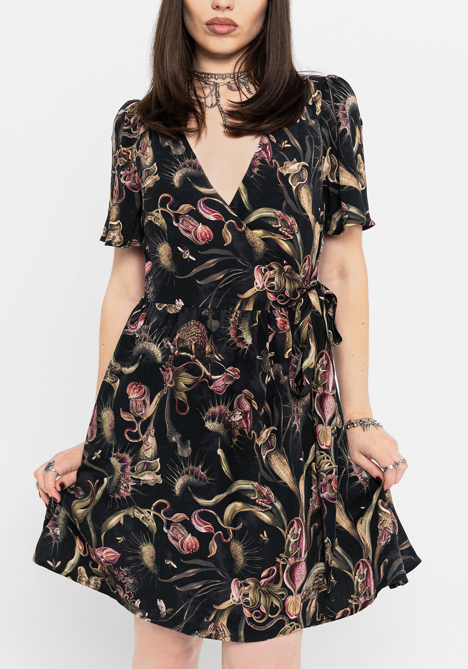 Dionaea Flytrap Print Wrap Mini Dress