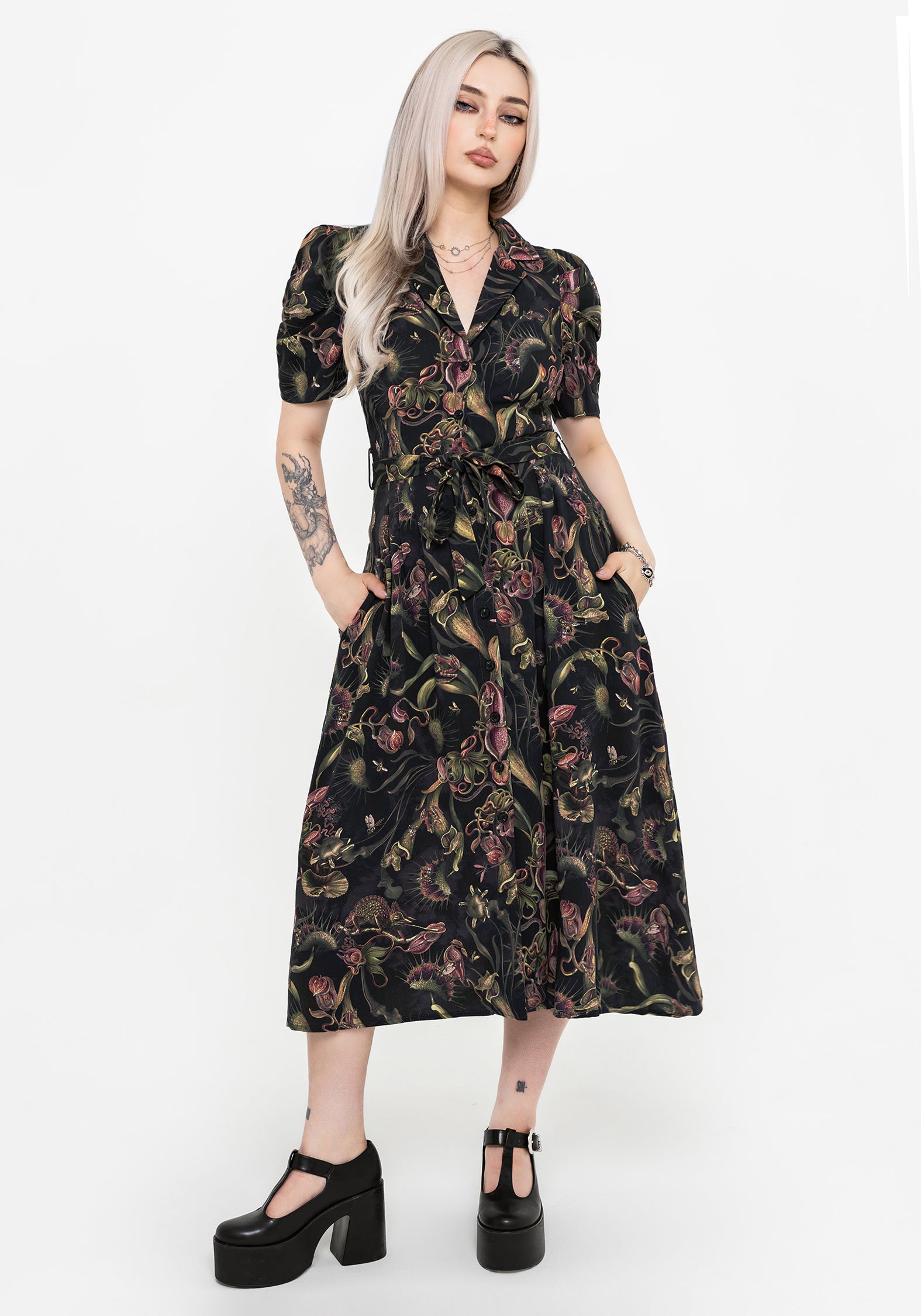 Dionaea Flytrap Print Button Up Midi Shirt Dress
