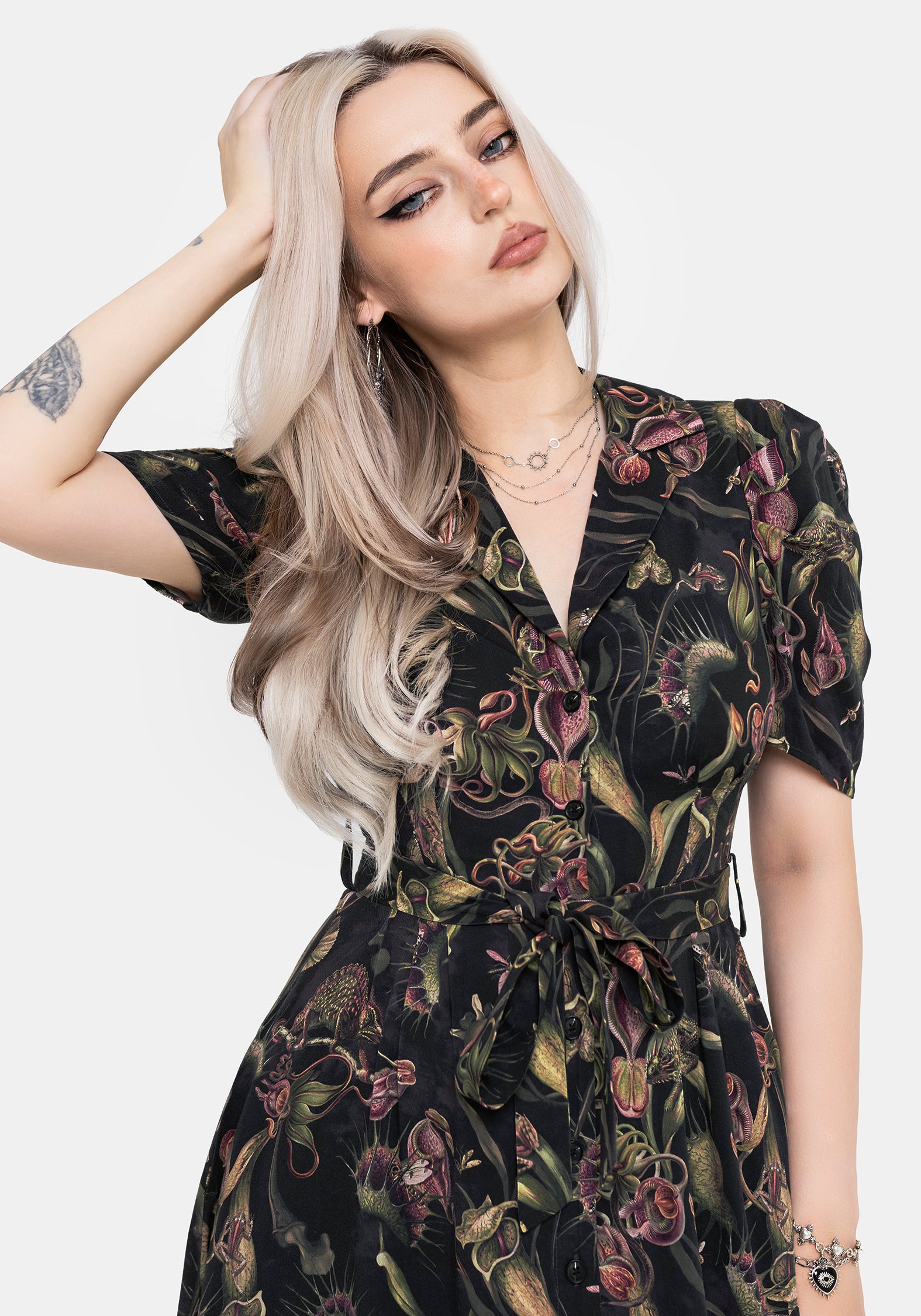 Dionaea Flytrap Print Button Up Midi Shirt Dress