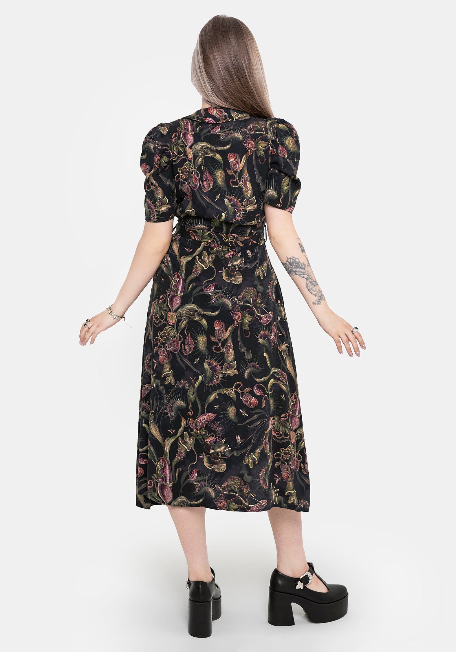 Dionaea Flytrap Print Button Up Midi Shirt Dress
