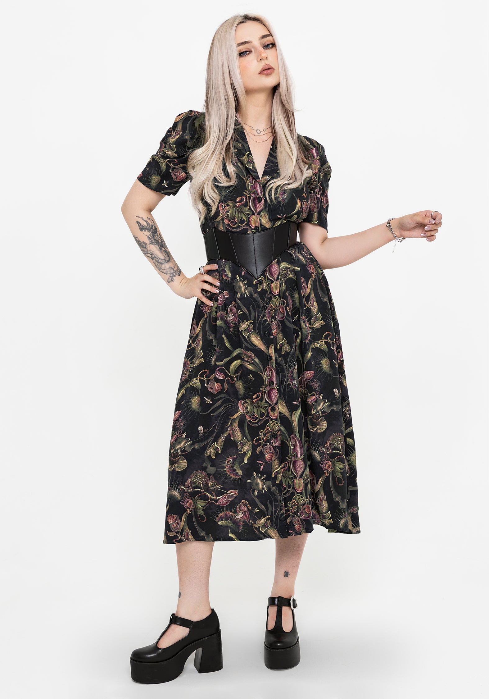 Dionaea Flytrap Print Button Up Midi Shirt Dress