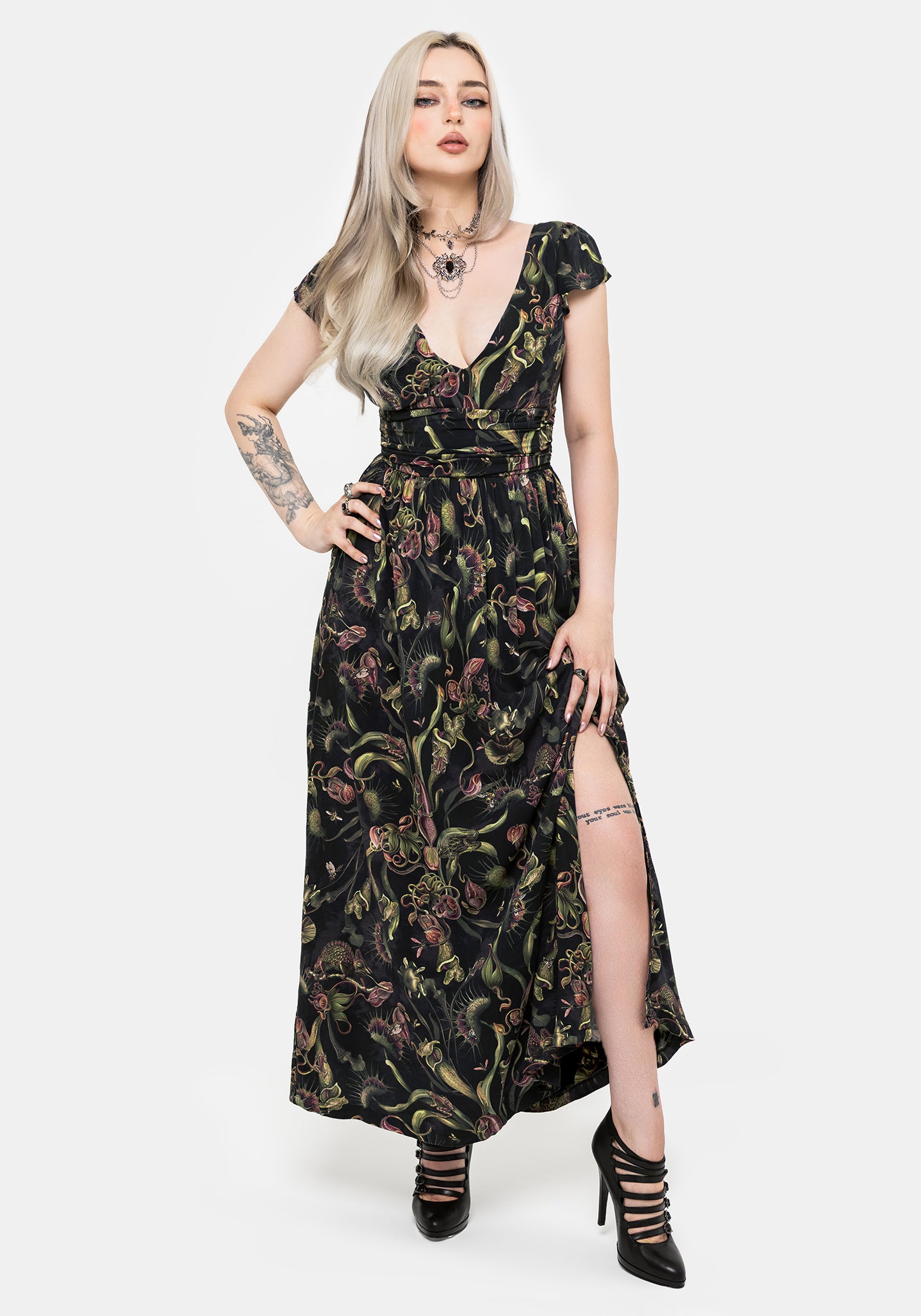 Dionaea Flytrap Print Plunge Maxi Dress