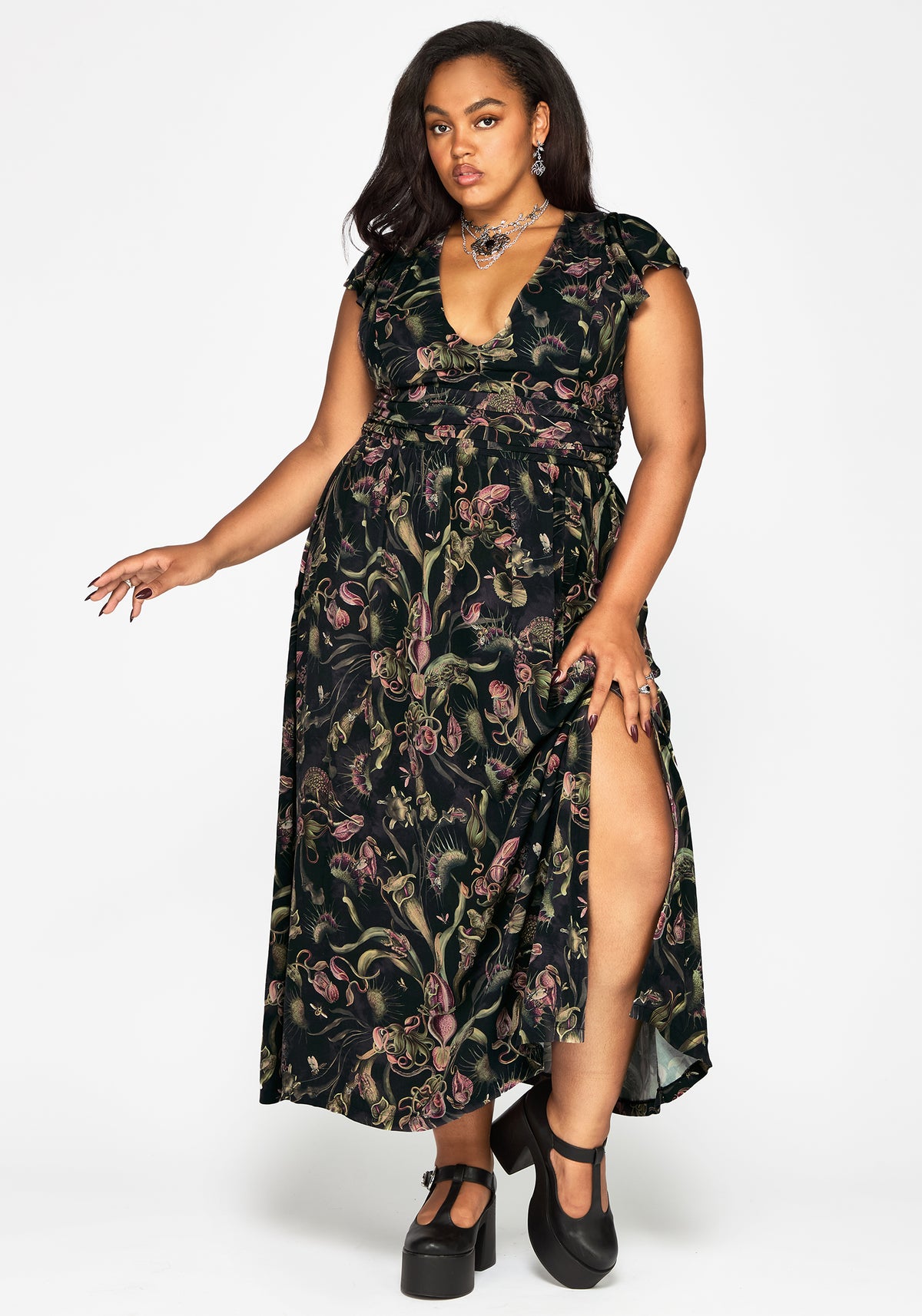 Dionaea Flytrap Print Plunge Maxi Dress