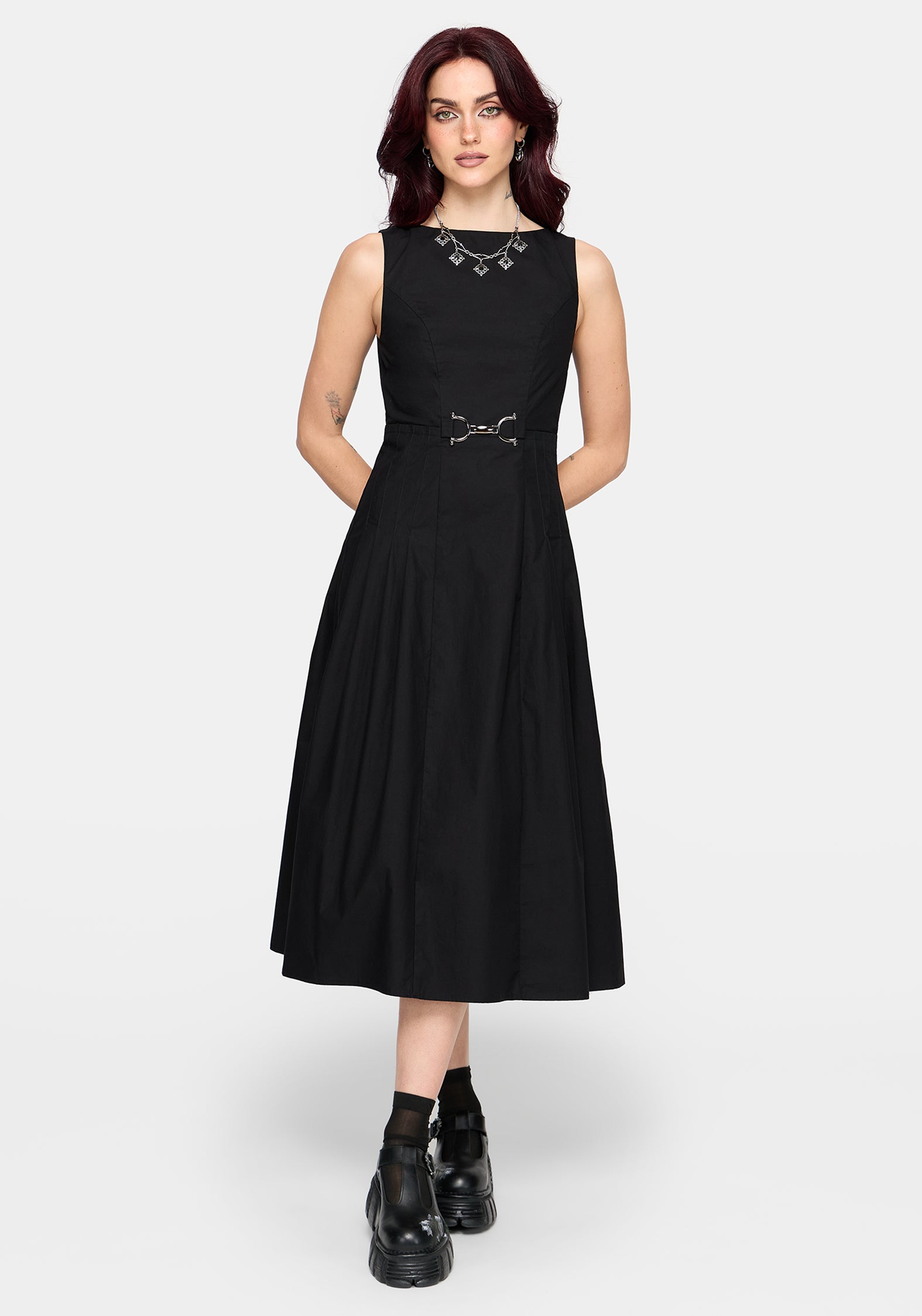 Cissa Buckle Front Pleated Midi Dress