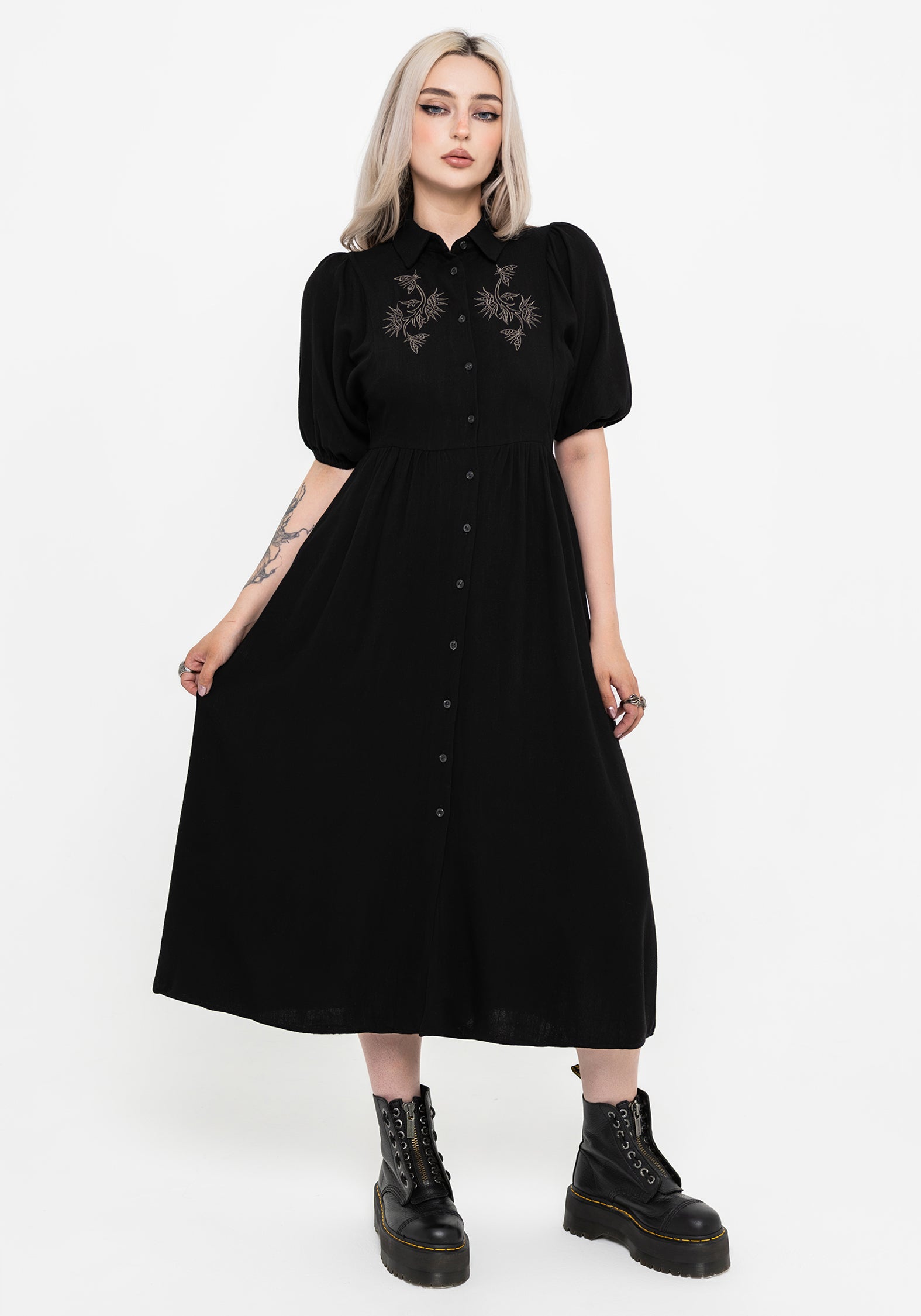 Dionaea Flytrap Embroidered Midi Shirt Dress
