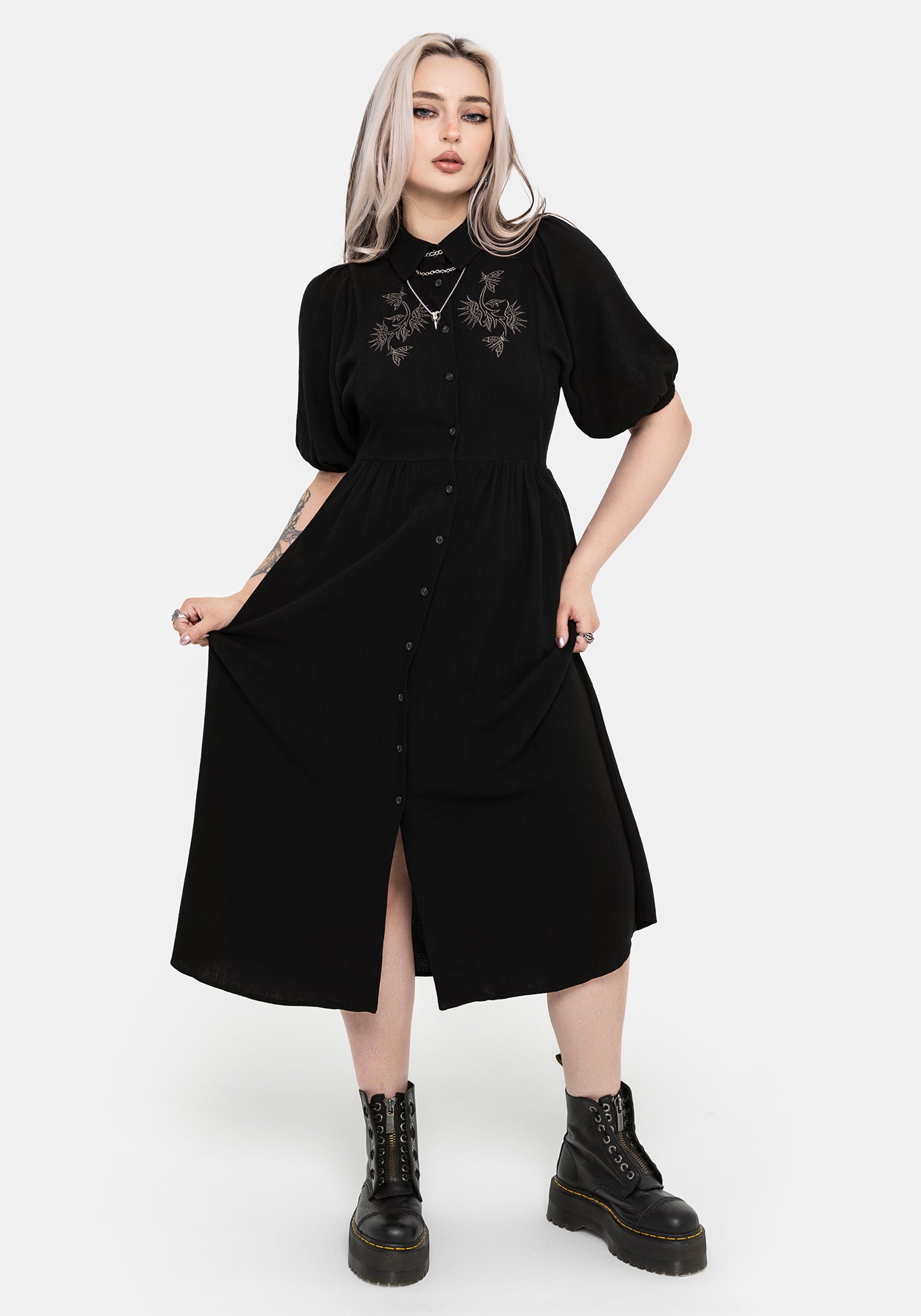 Dionaea Flytrap Embroidered Midi Shirt Dress
