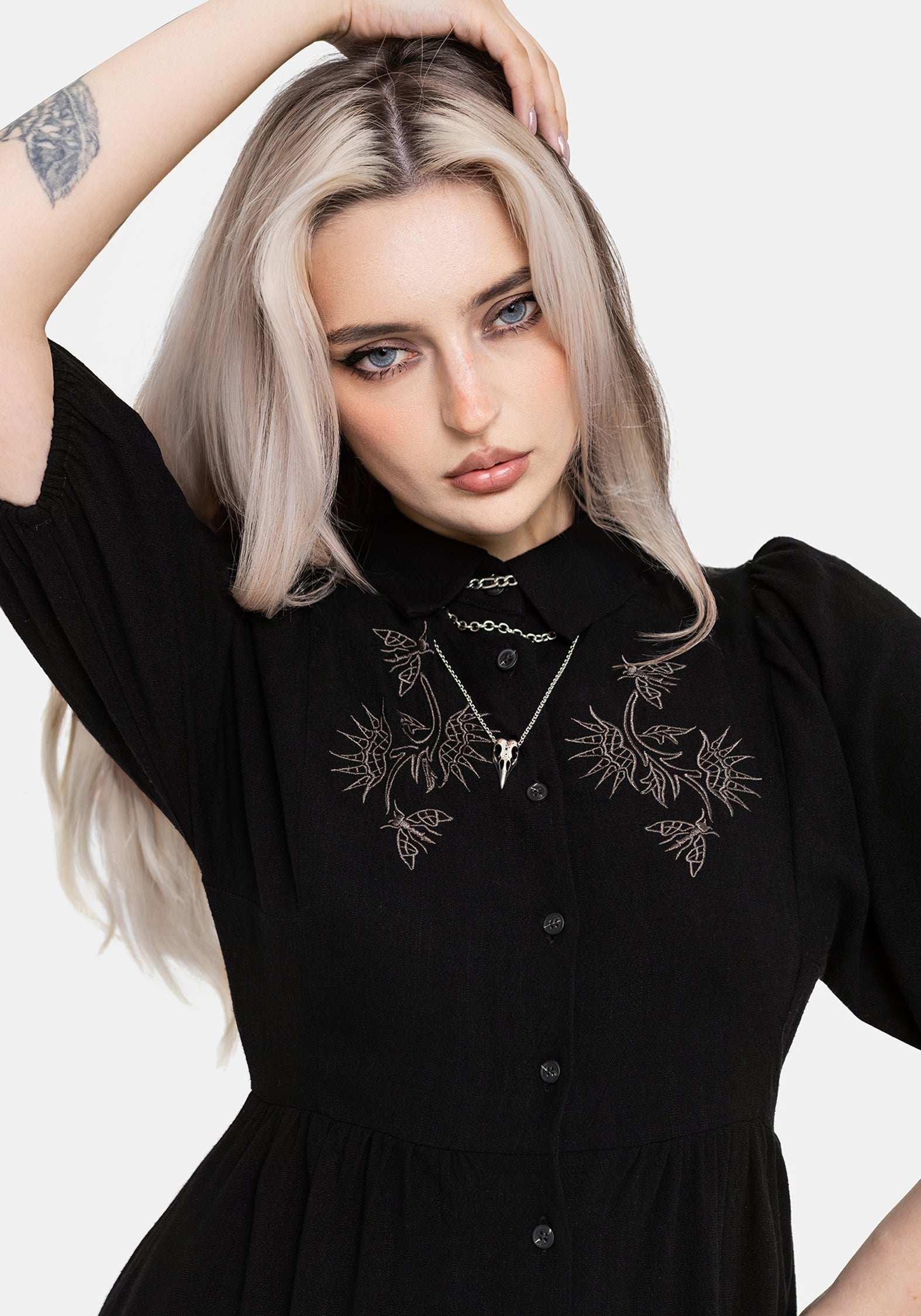 Dionaea Flytrap Embroidered Midi Shirt Dress