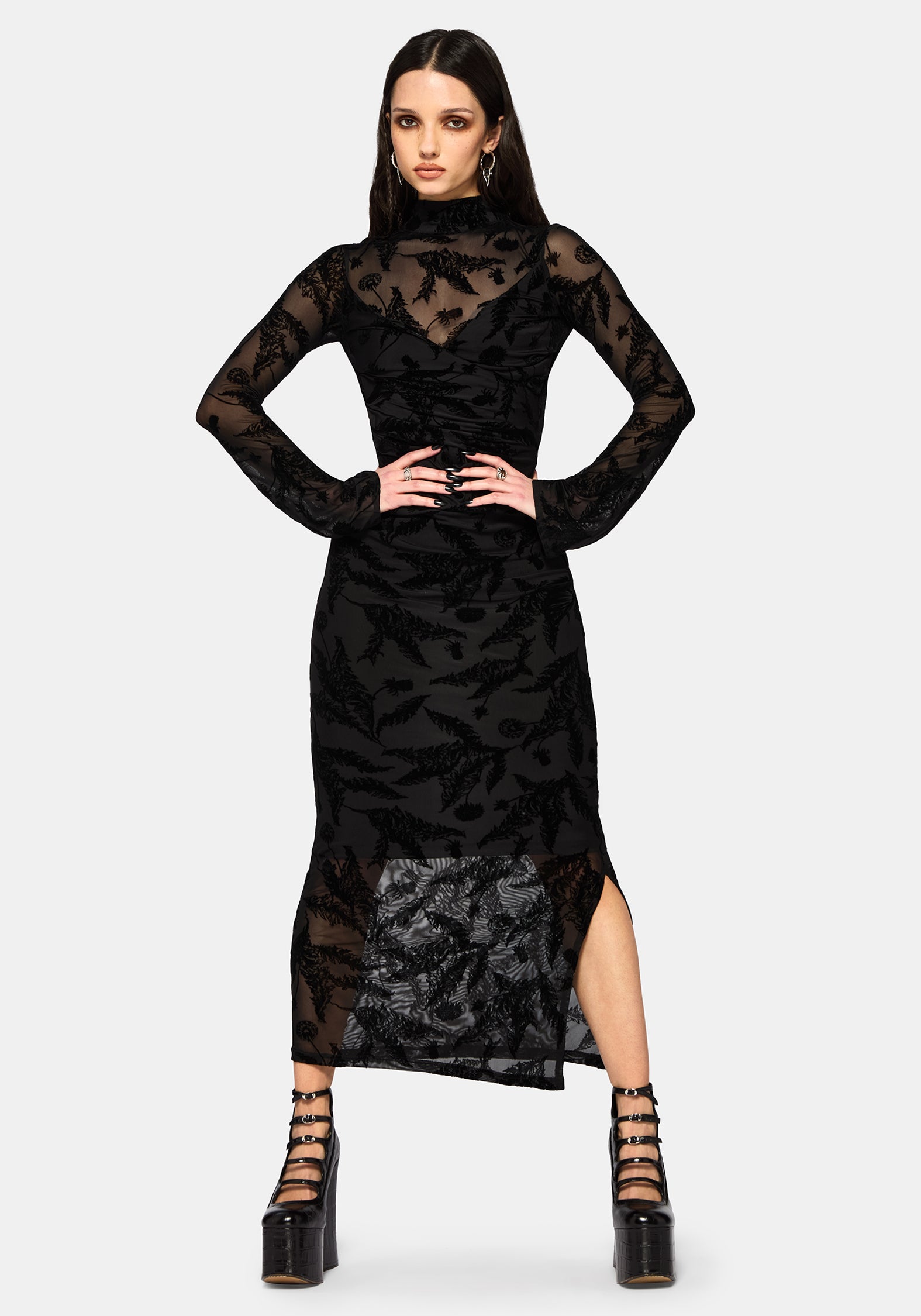 Cimora Löwenzahn Beflockt Mesh Gerafft Midaxi Kleid