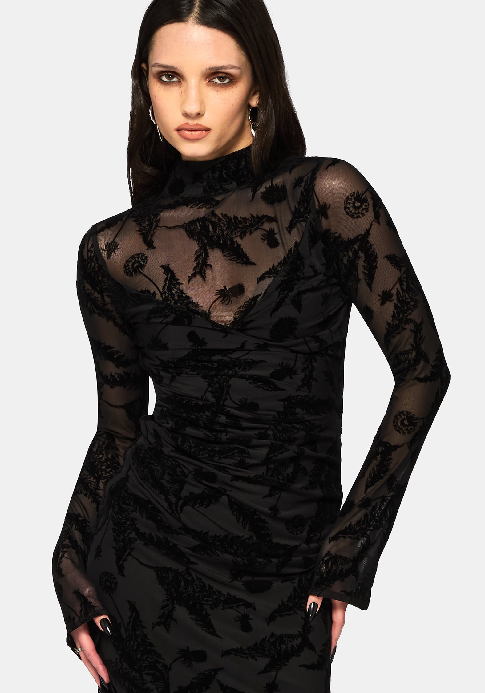 Cimora Löwenzahn Beflockt Mesh Gerafft Midaxi Kleid