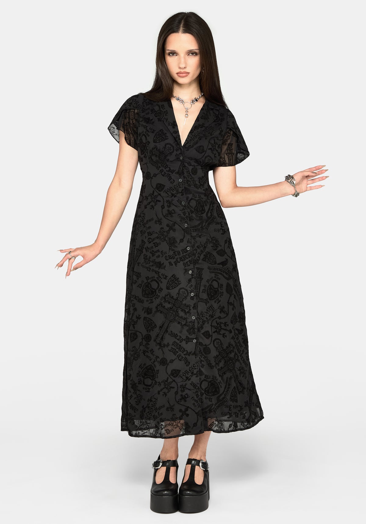 Sanct Beflockt Chiffon Puff Ärmel Midaxi Kleid