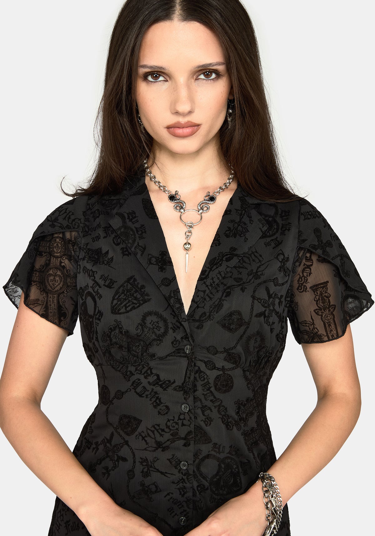 Sanct Beflockt Chiffon Puff Ärmel Midaxi Kleid
