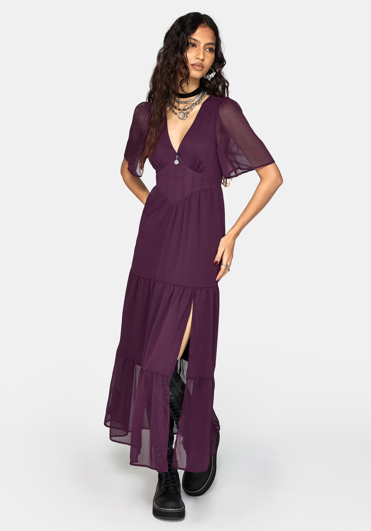 Emer Angel Ärmel Pintuck Taille Maxikleid