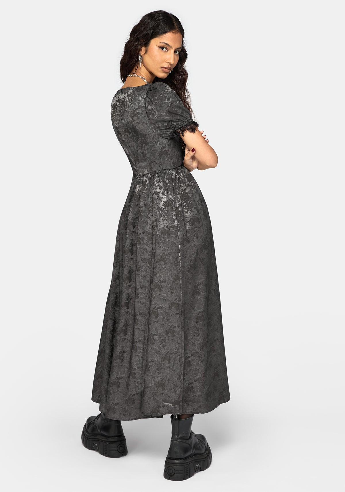 Lili Jacquard Lace Insert Gerafft Bust Midikleid