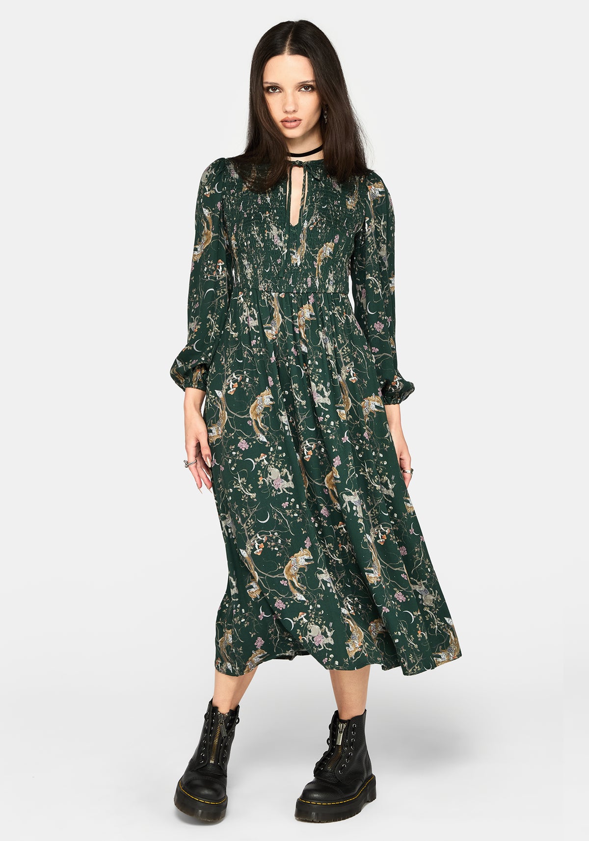 Renard Print Smocked Keyhole Midikleid