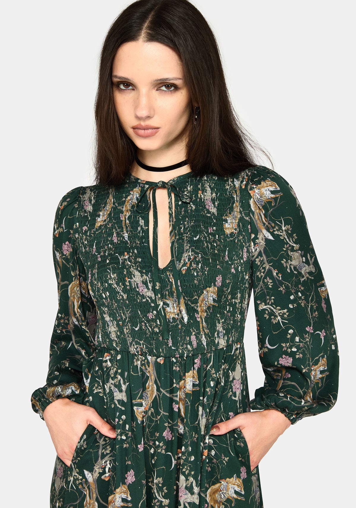 Renard Print Smocked Keyhole Midikleid
