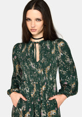Renard Print Smocked Keyhole Midikleid