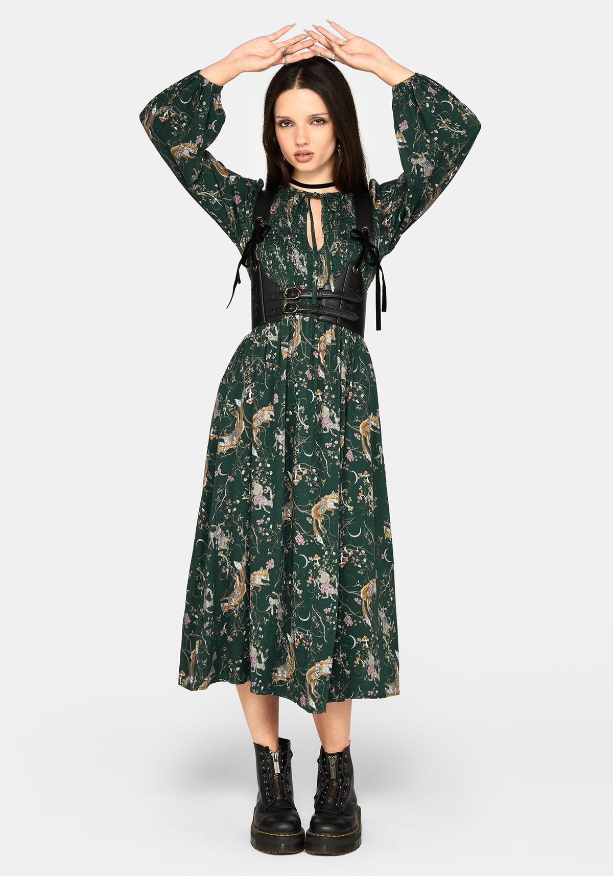 Renard Print Smocked Keyhole Midikleid