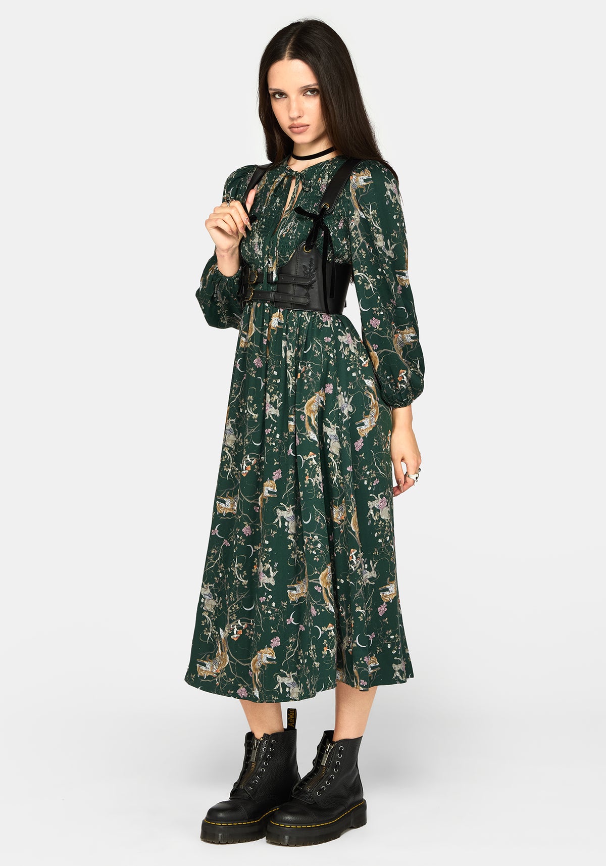 Renard Print Smocked Keyhole Midikleid