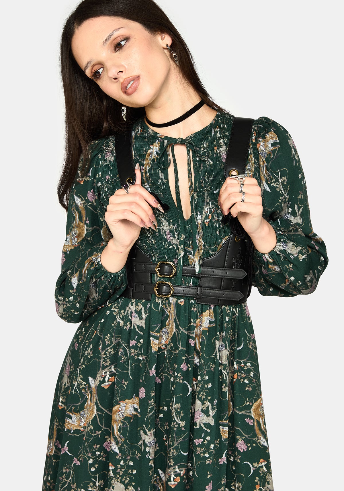 Renard Print Smocked Keyhole Midikleid