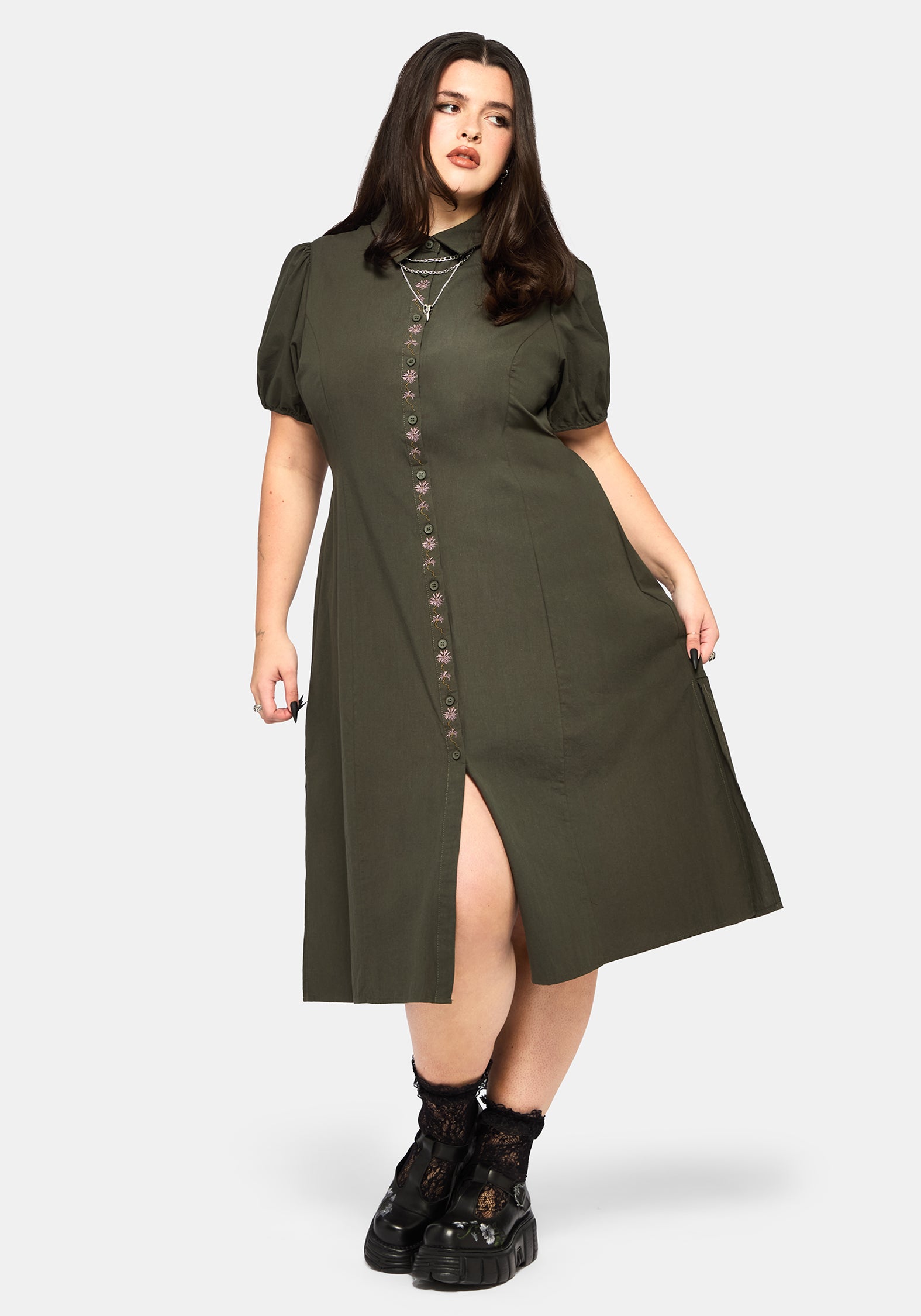 Odile Bestickt Knopf Runter Krawatte Taille Midaxi Kleid