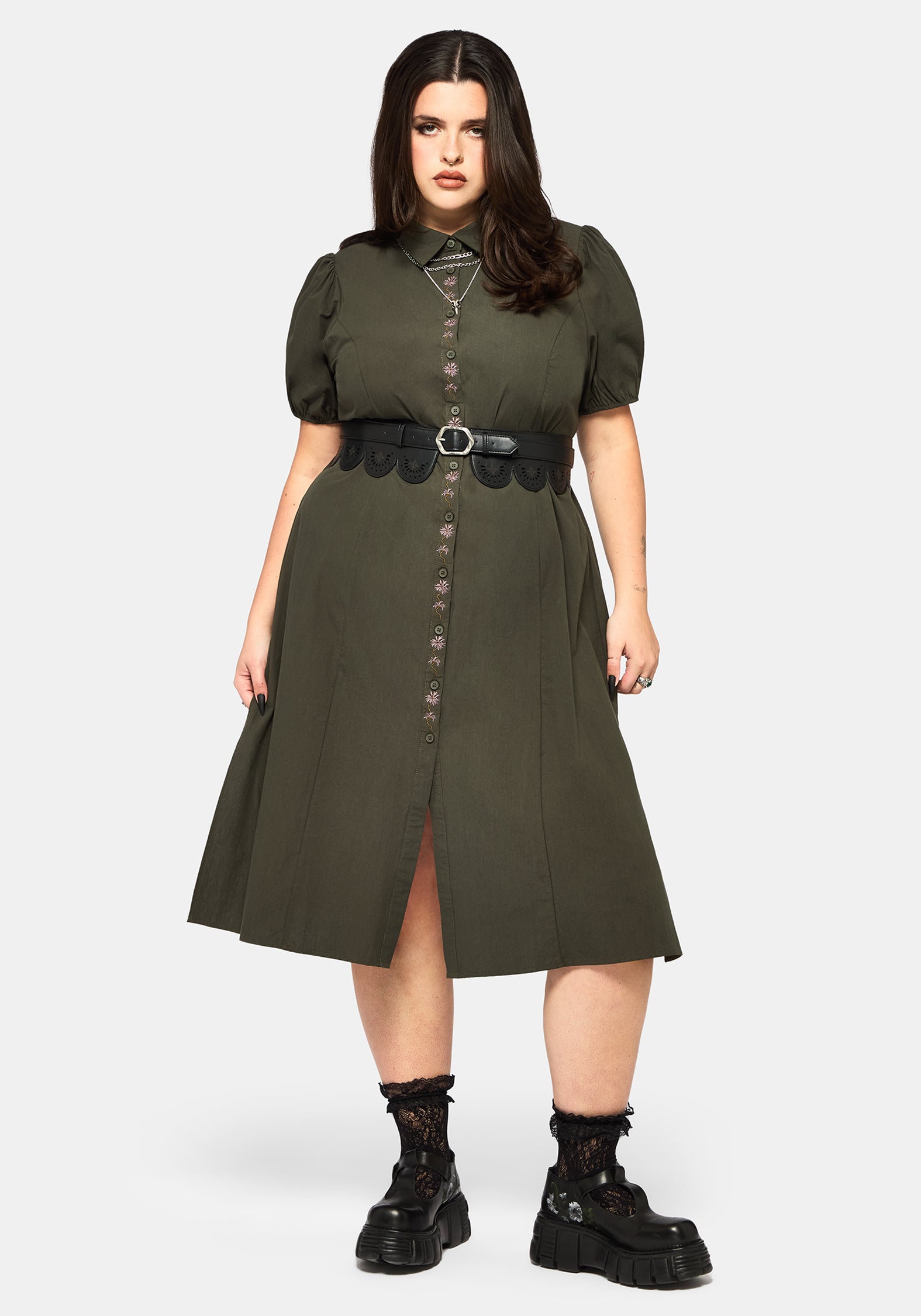 Odile Bestickt Knopf Runter Krawatte Taille Midaxi Kleid