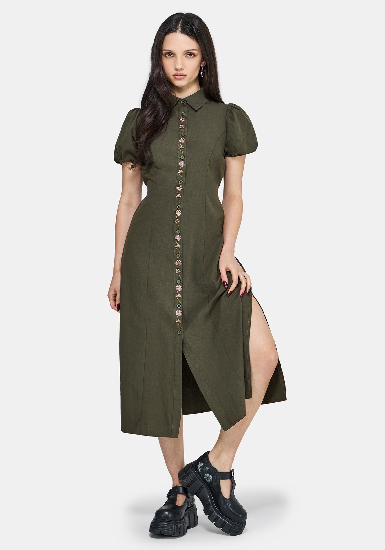 Odile Bestickt Knopf Runter Krawatte Taille Midaxi Kleid