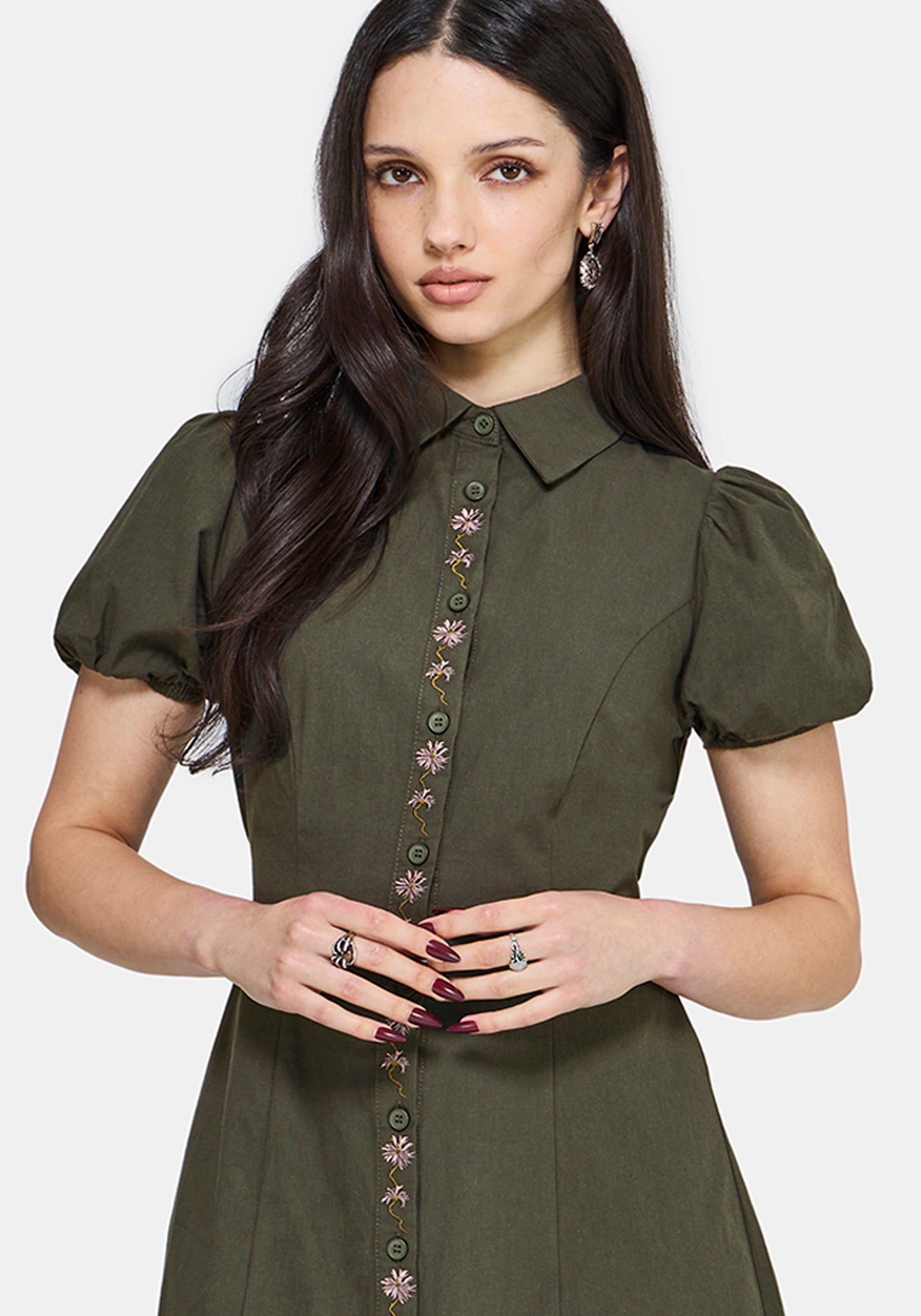 Odile Bestickt Knopf Runter Krawatte Taille Midaxi Kleid