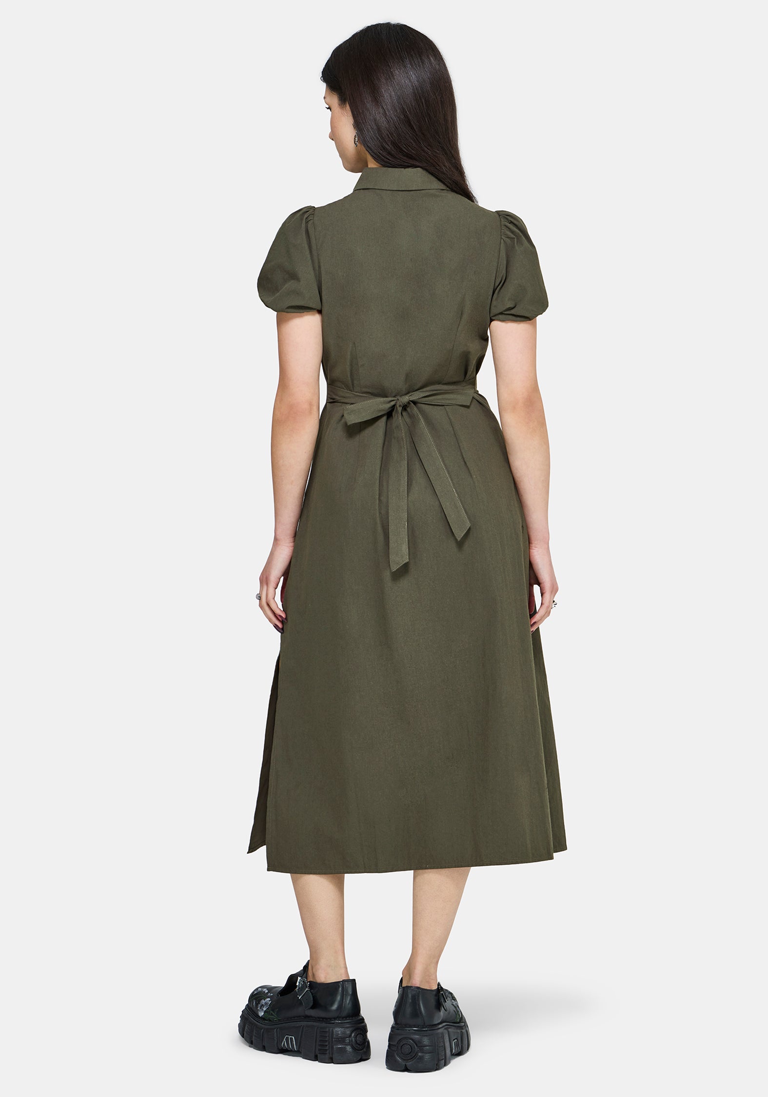 Odile Bestickt Knopf Runter Krawatte Taille Midaxi Kleid