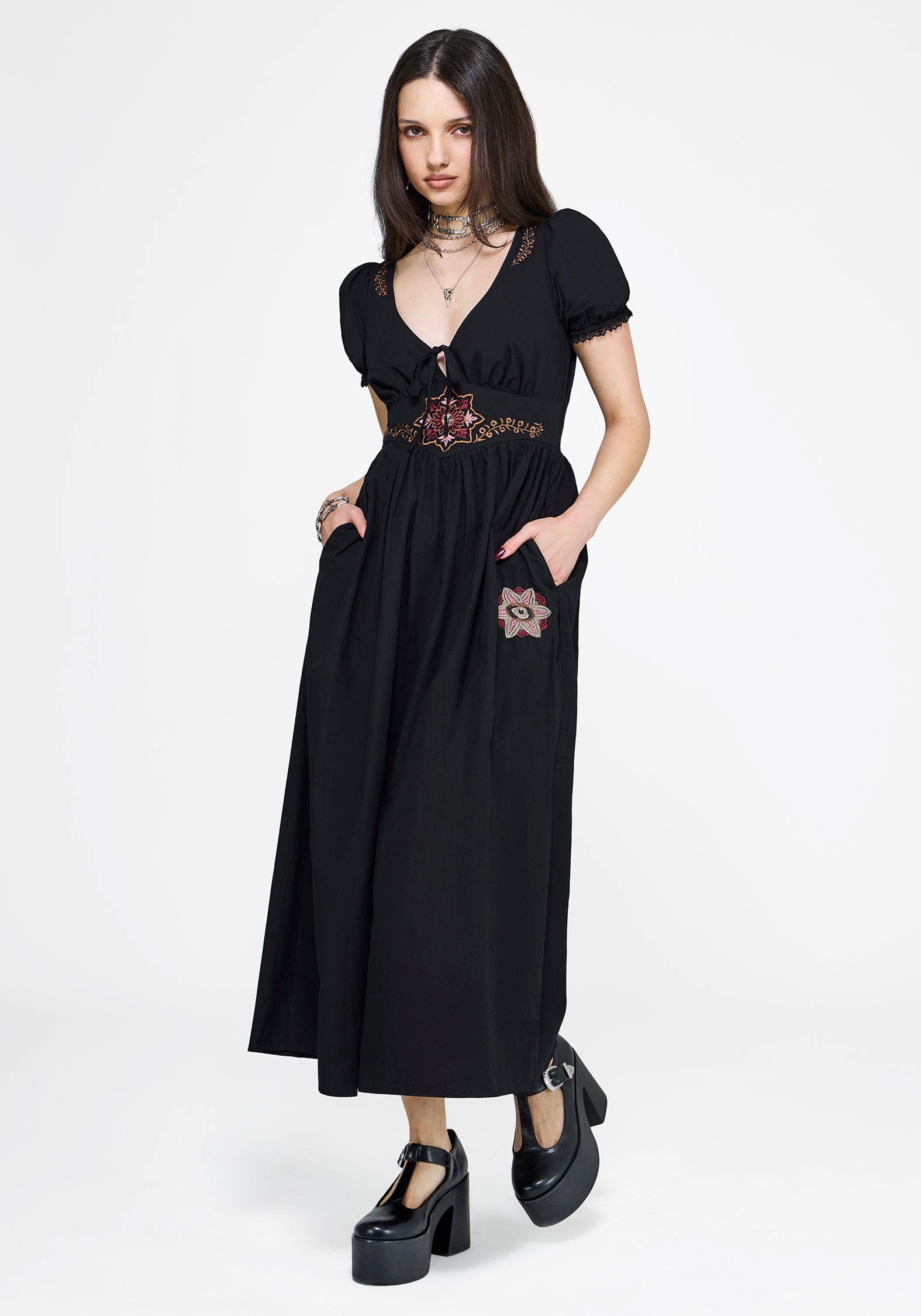 Arianwen Bestickt Puffärmel Ärmel Midaxi Kleid - Schwarz