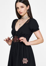 Arianwen Bestickt Puffärmel Ärmel Midaxi Kleid - Schwarz
